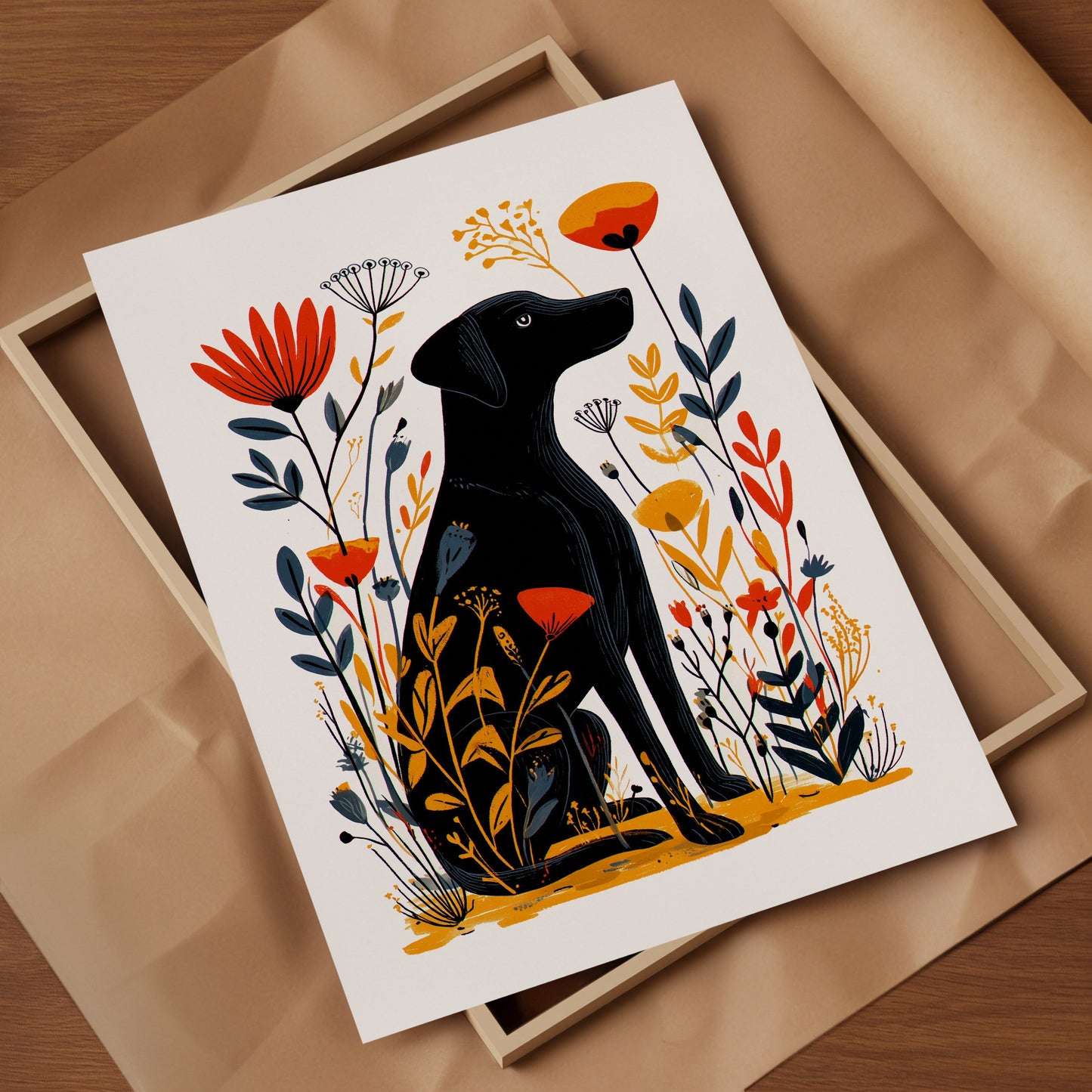 Black Lab Floral Art Print | Folk-Art Wall Decor