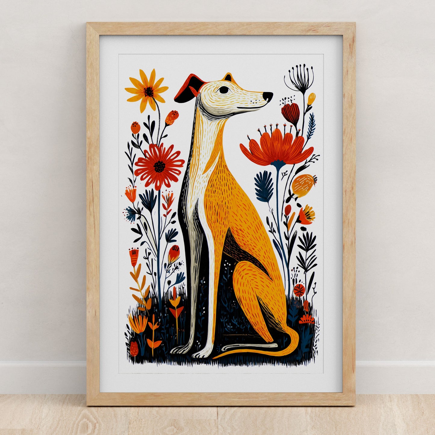Whippet Floral Art Print | Folk-Art Wall Decor