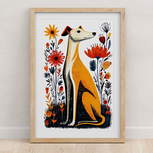 Whippet Floral Art Print | Folk-Art Wall Decor