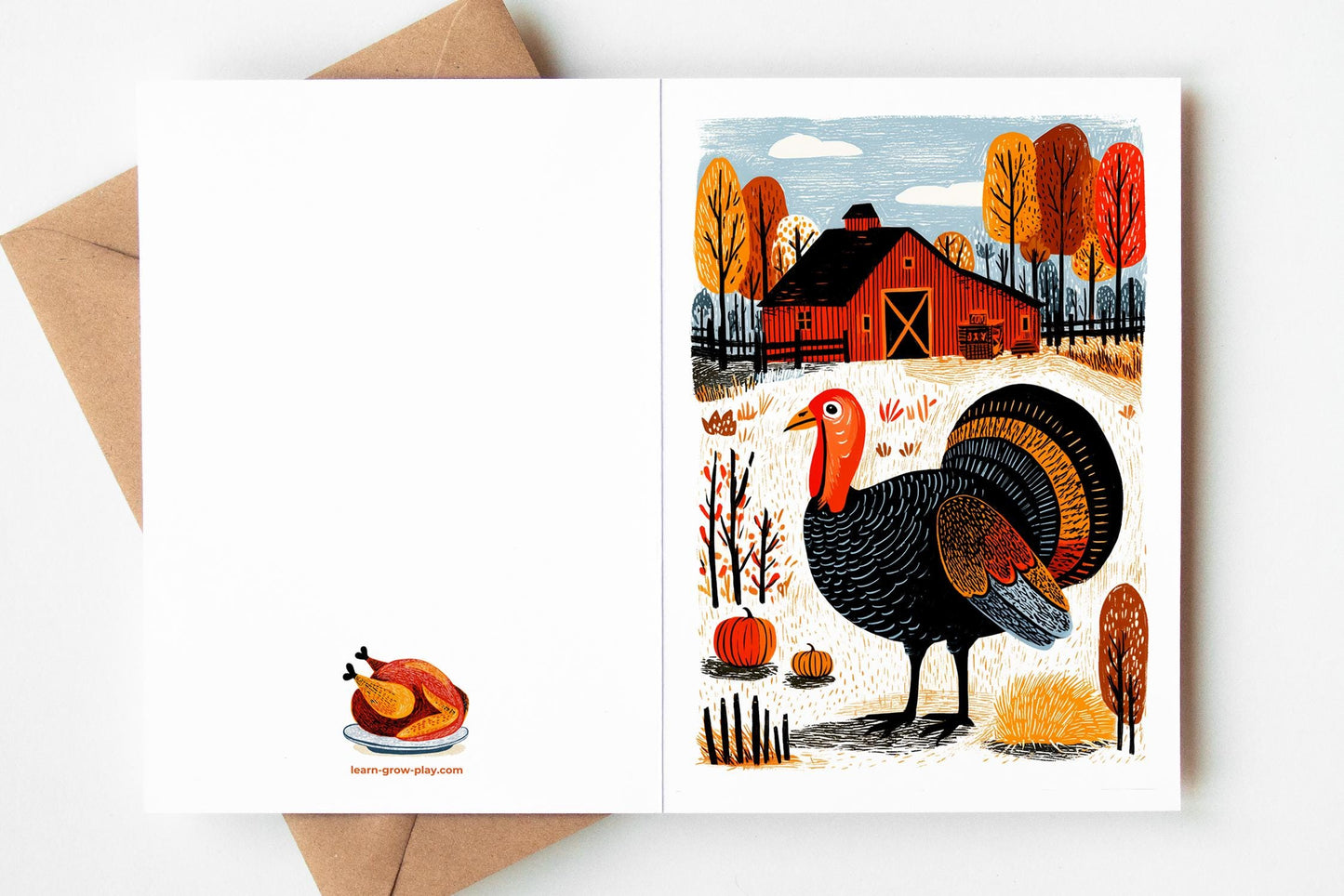 Thanksgiving Cards Set of 10 | 5 Unique Autumn Farm Designs | Blank Inside | Turkey Fall Greeting Cards with Envelopes | 4.25x5.5