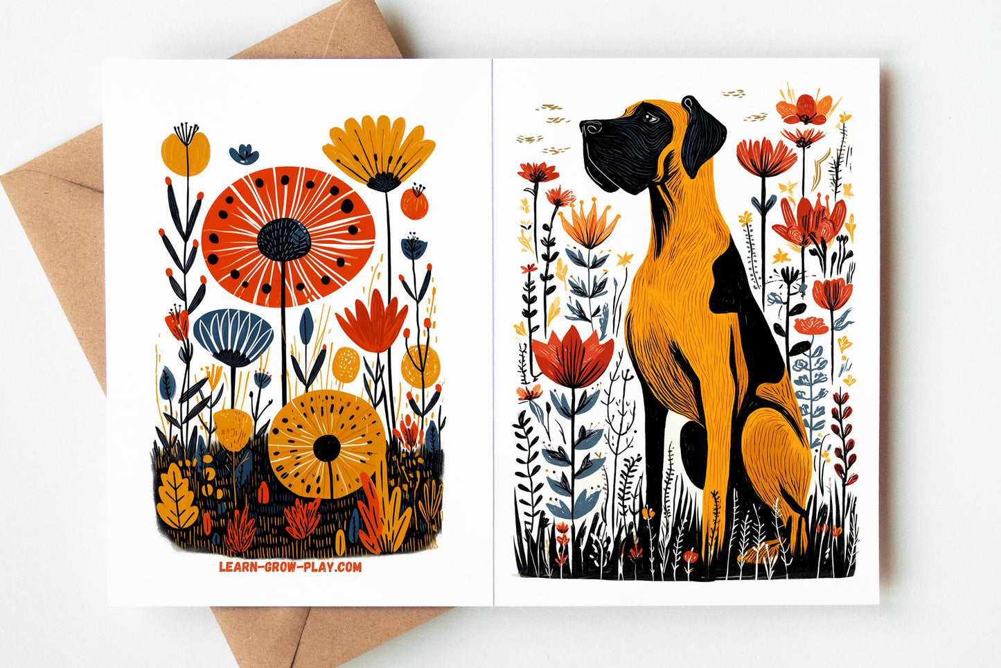 Great Dane Greeting Cards Set of 10 | Block Print Dog Note Cards 4.25x5.5 | Blank Birthday Card | Dog Lover Gift | Gentle Giant Stationery