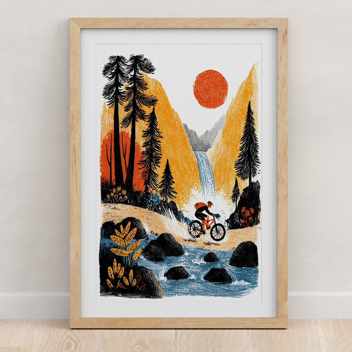 Folk art mountain biking wall art print