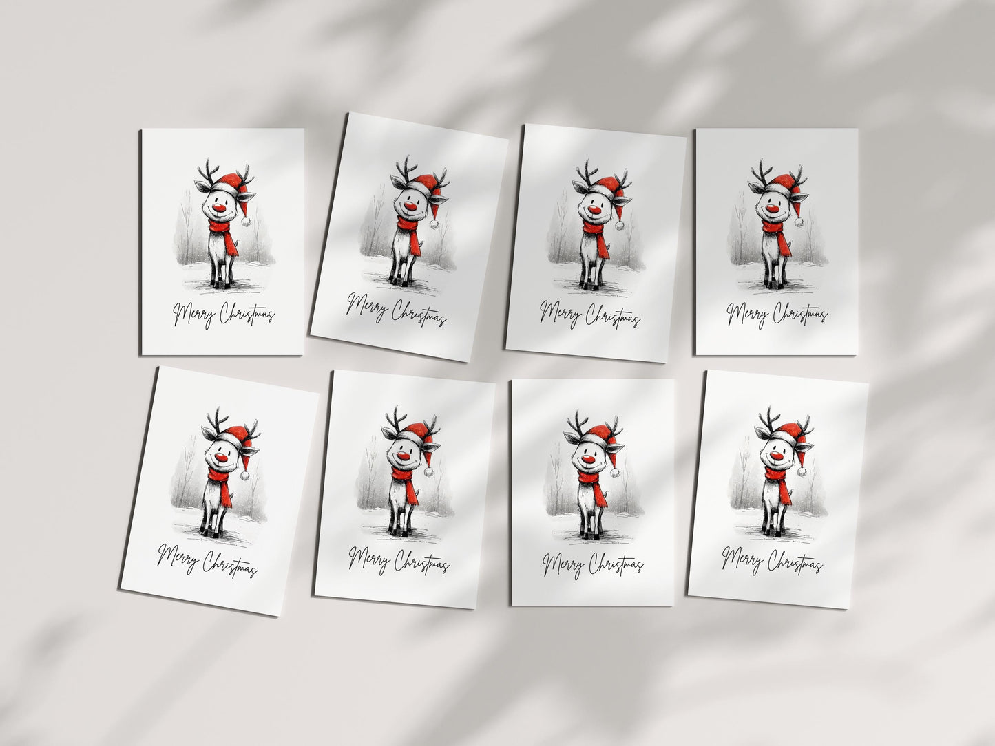 Reindeer Christmas Cards Set of 10 | Cute Holiday Greeting Cards | Merry Christmas Card Pack | Blank Inside Rustic Winter Reindeer Cards