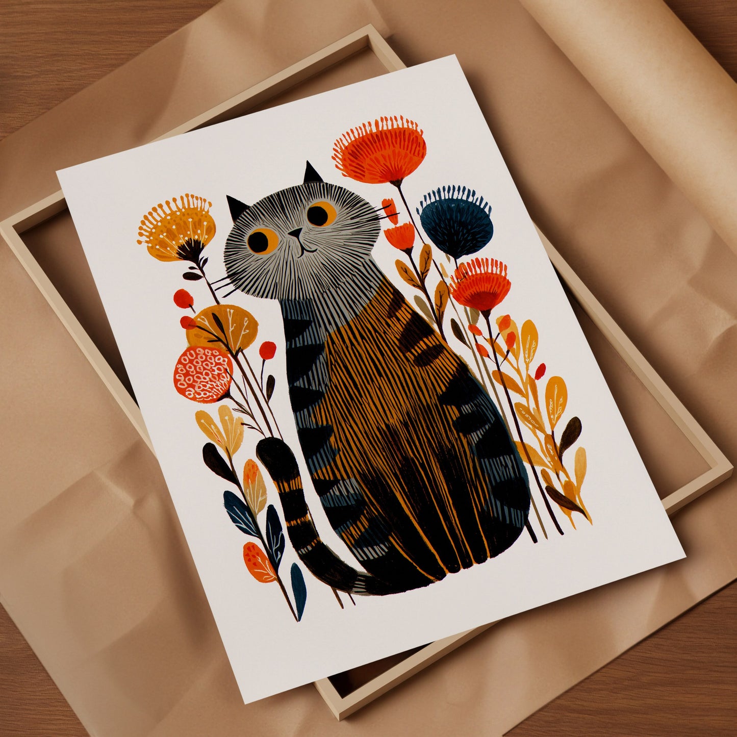 Grey Tabby Cat Floral Art Print | Folk-Art Wall Decor