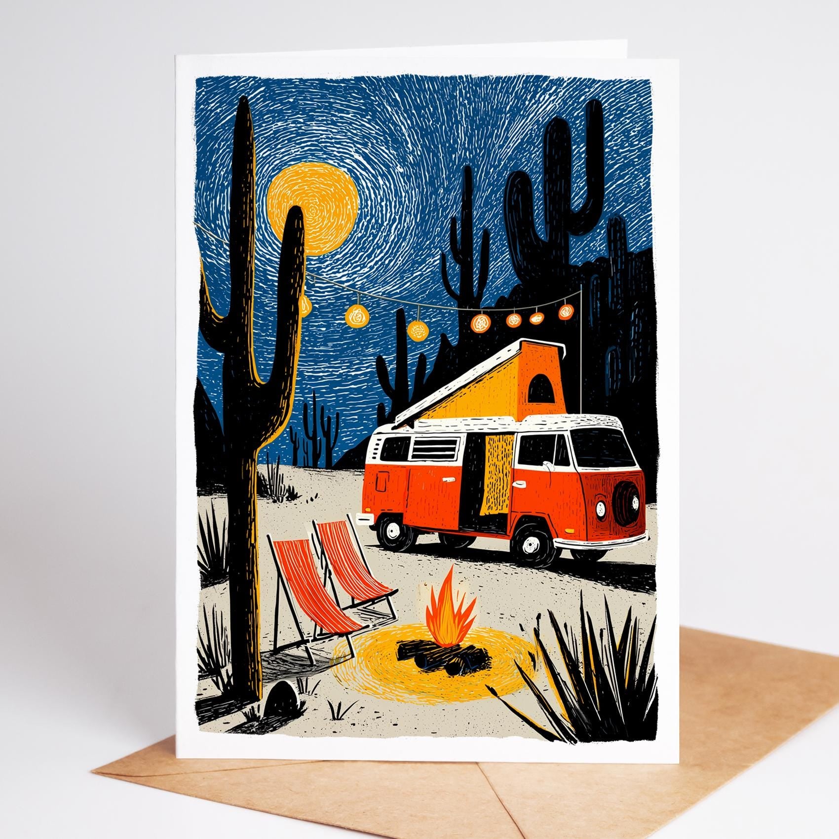 Illustration of a camper van in a desert scene with cacti and a campfire.