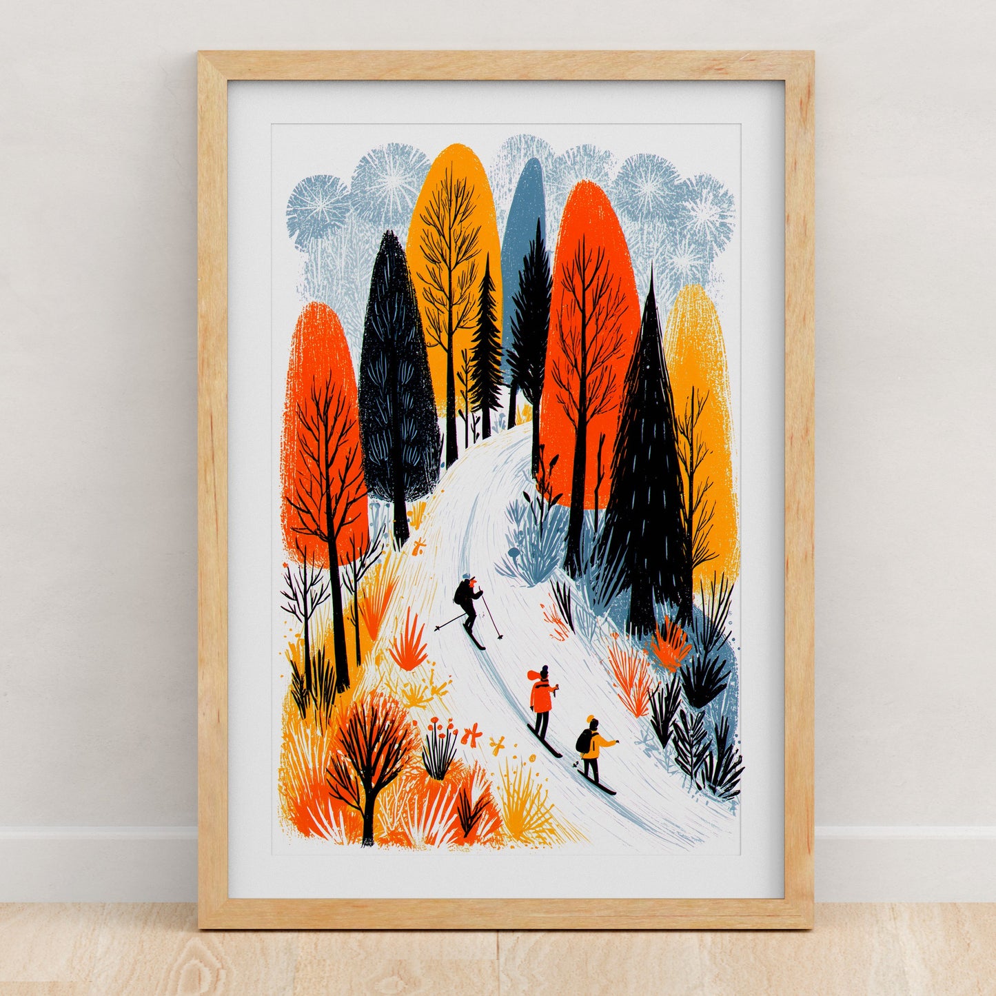 Skiing Art Print | Folk-Art Wall Decor