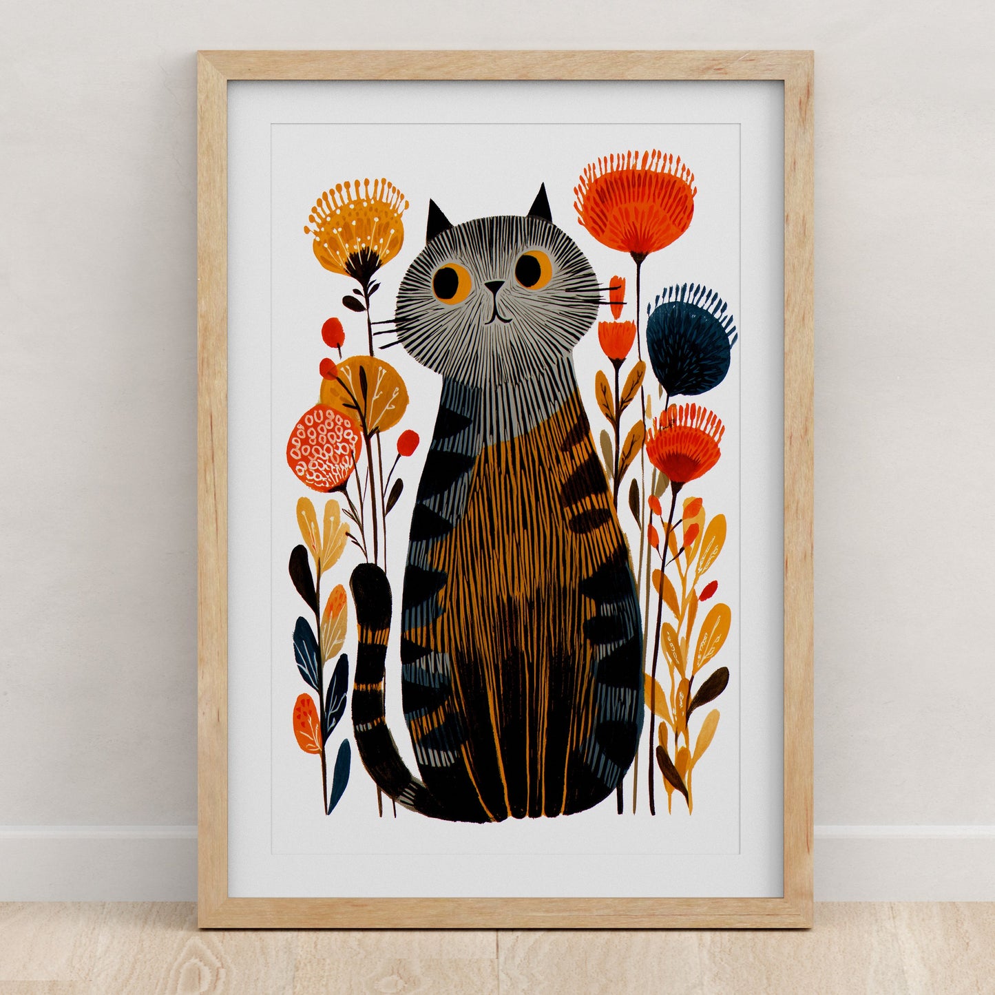 Grey Tabby Cat Floral Art Print | Folk-Art Wall Decor