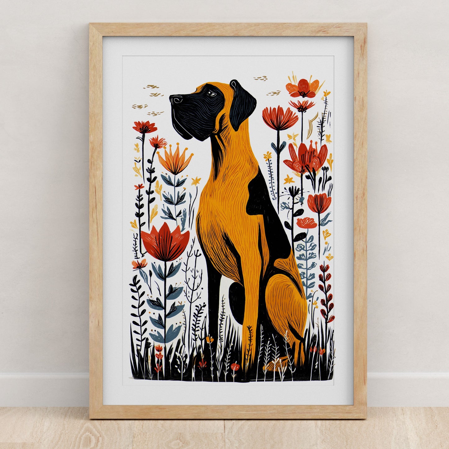 Great Dane Floral Art Print | Folk-Art Wall Decor