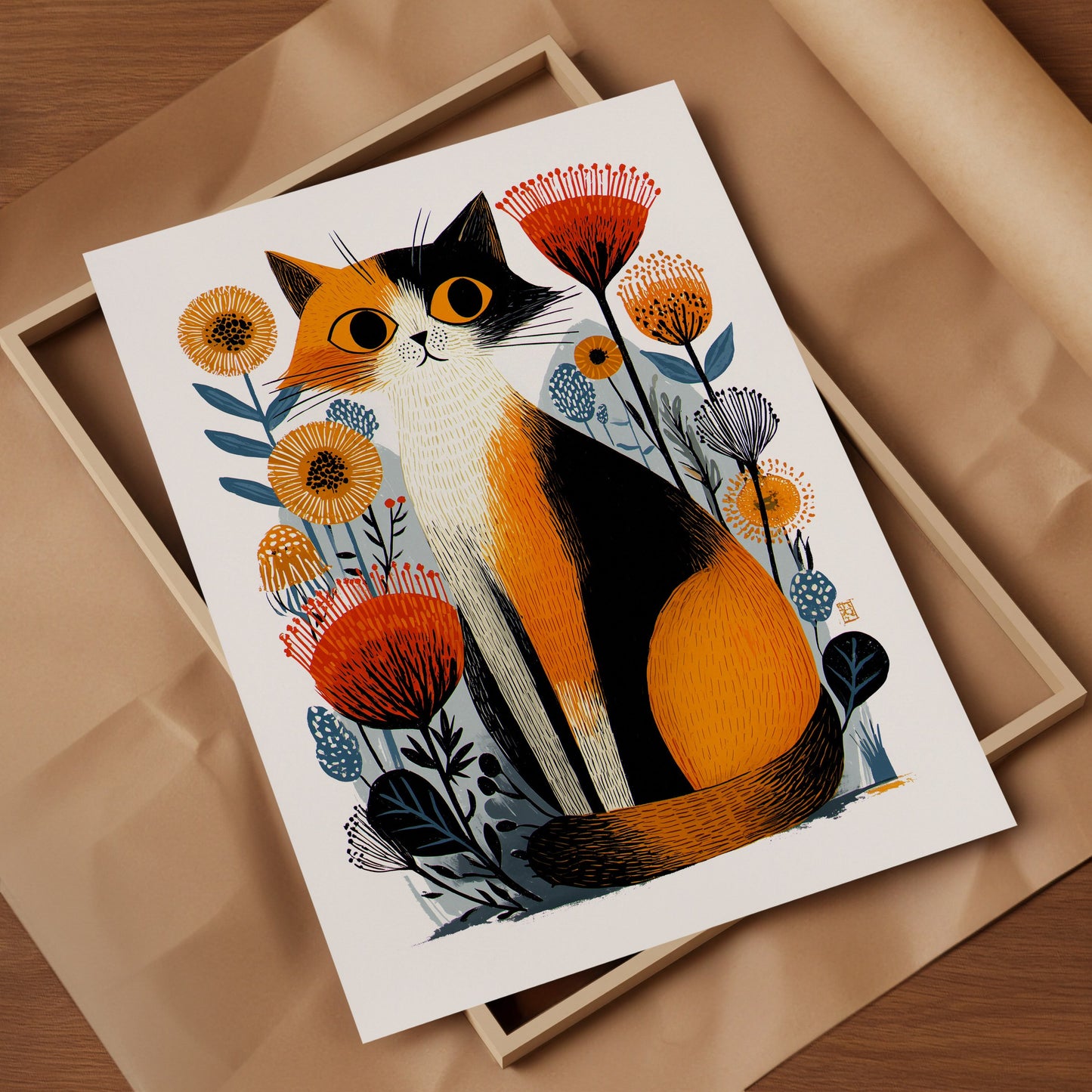 Calico Cat Floral Art Print | Folk-Art Wall Decor
