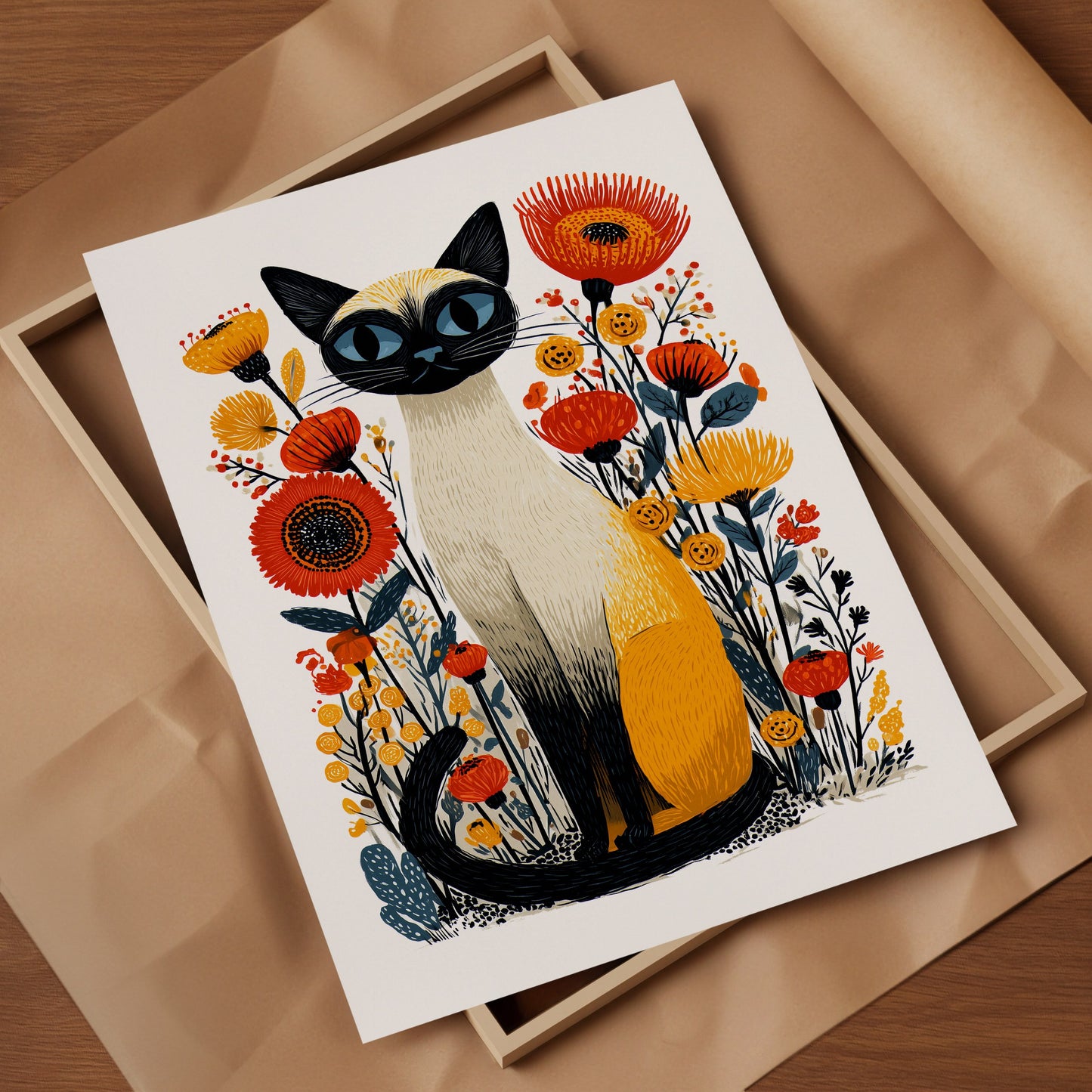 Siamese Cat Floral Art Print | Folk-Art Wall Decor