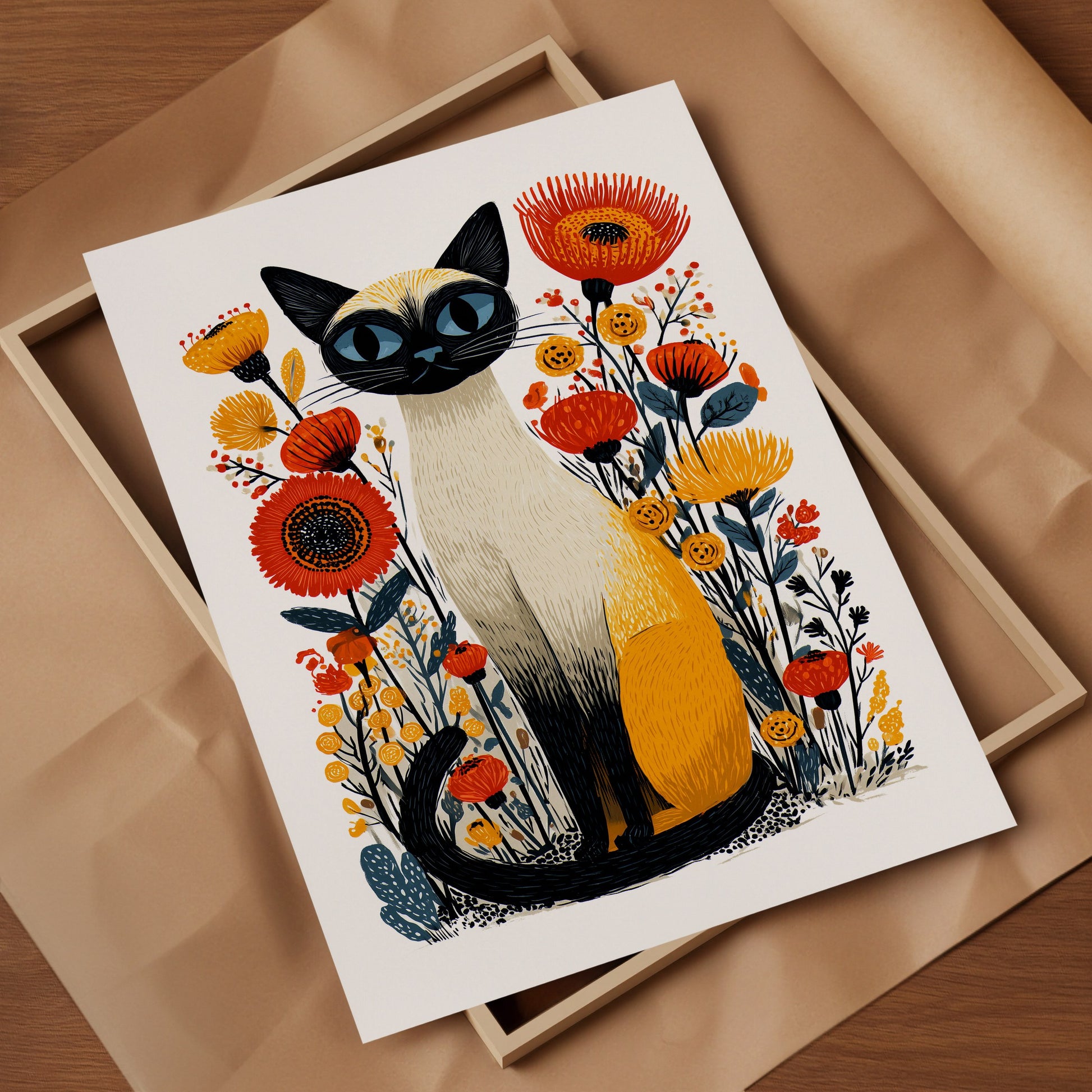 Siamese Cat Floral Art Print | Folk-Art Wall Decor