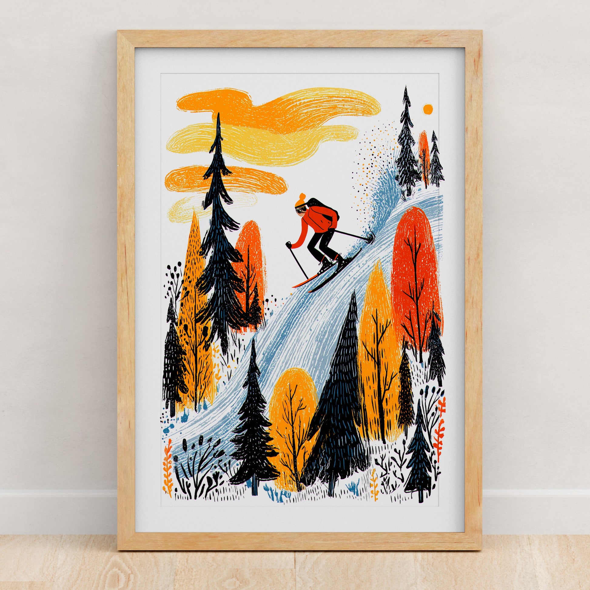 Skiing Art Print | Folk-Art Wall Decor