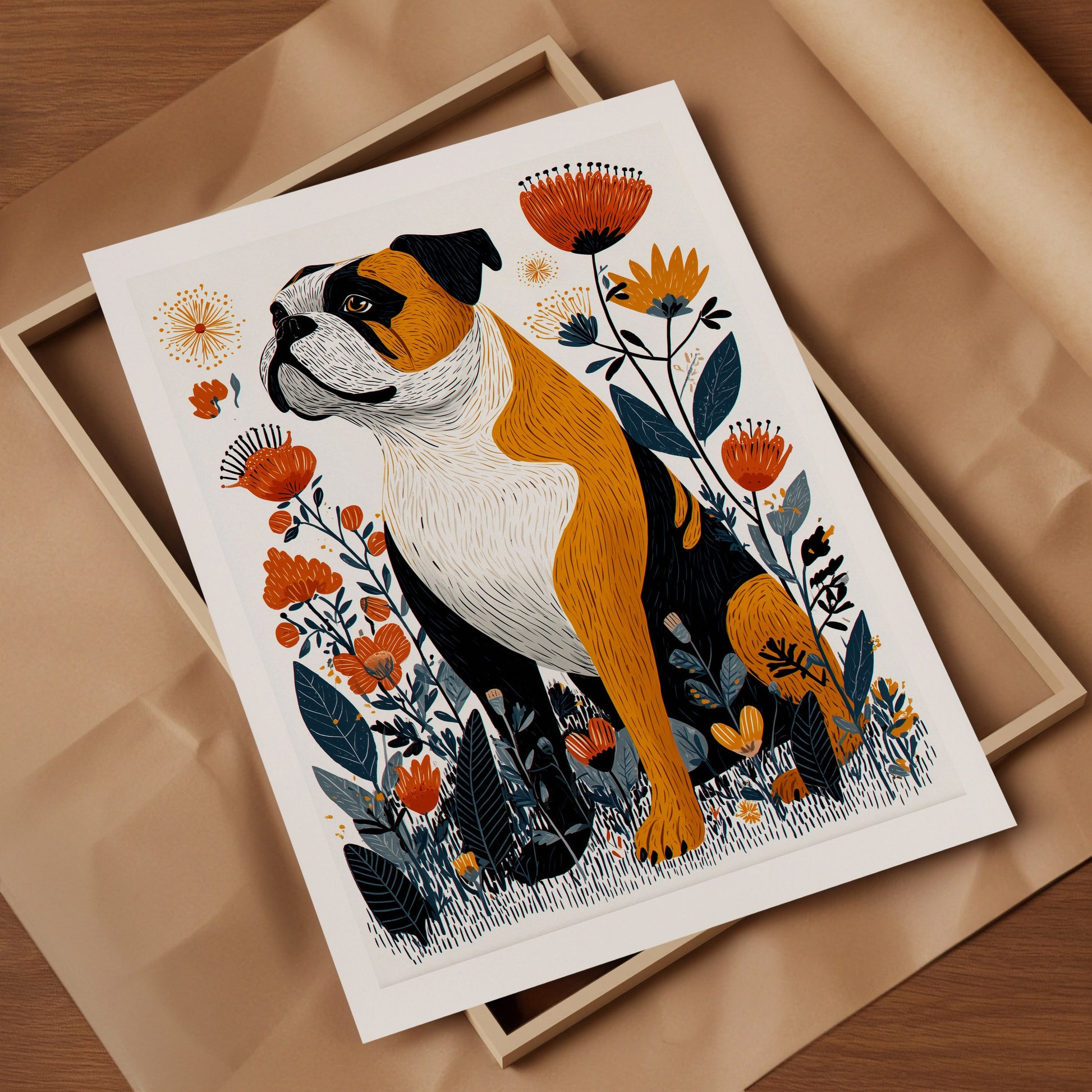 English Bulldog Floral Art Print | Folk-Art Wall Decor