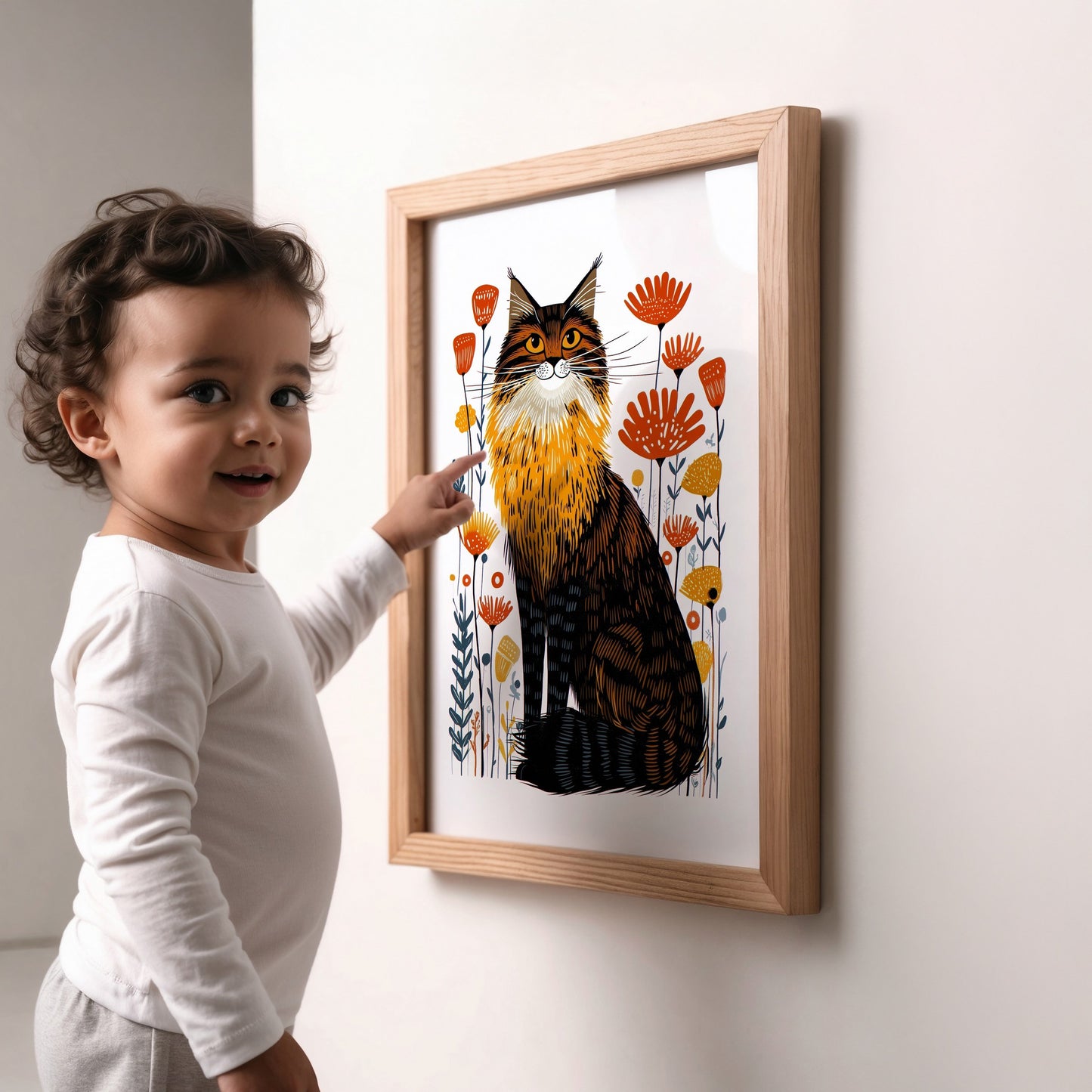 Maine Coon Cat Floral Art Print | Folk-Art Wall Decor