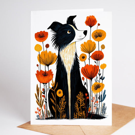 Border Collie greeting card with modern folk-art illustration of a black and white dog sitting in a grassy field, perfect gift for dog lovers and pet owners.