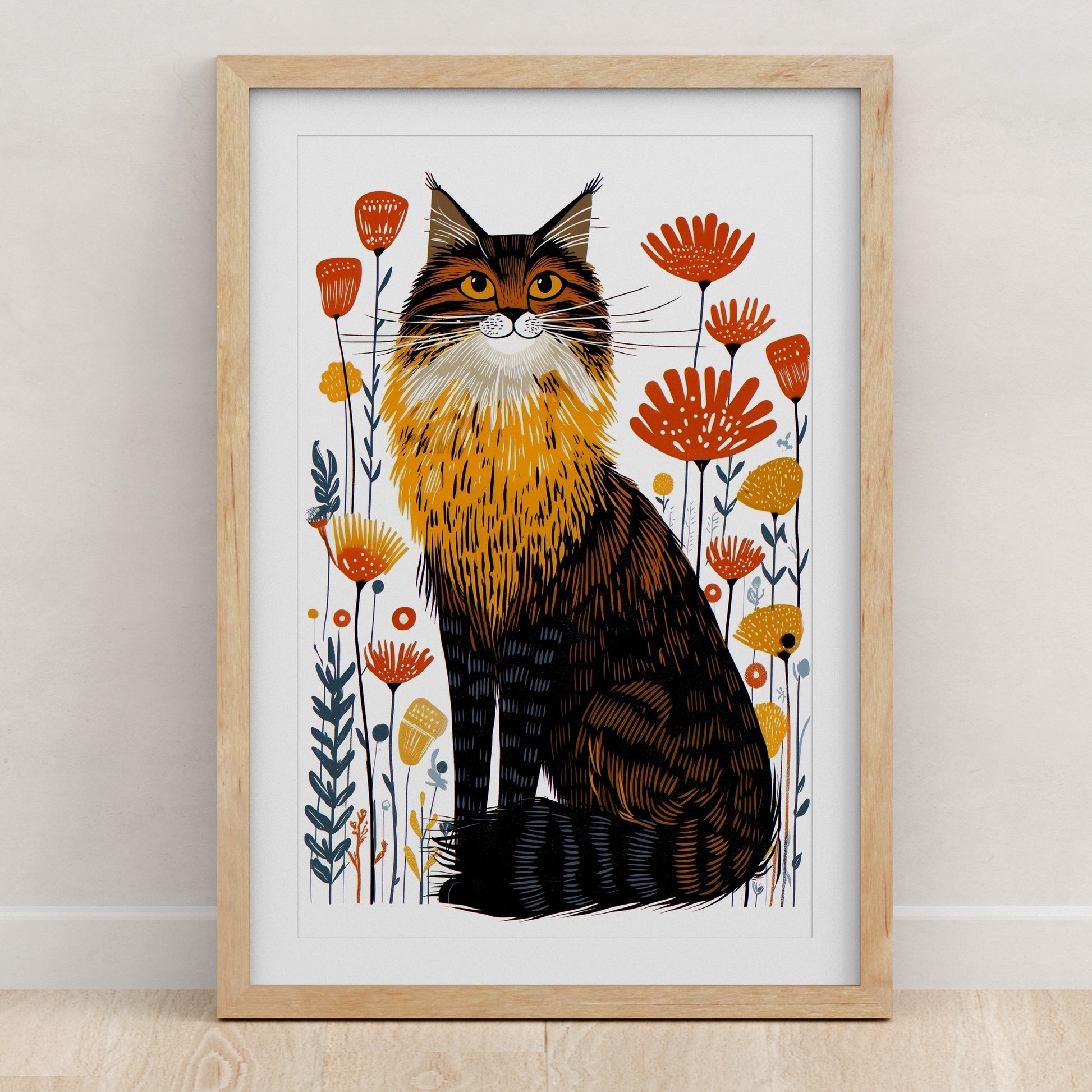 Maine Coon Cat Floral Art Print | Folk-Art Wall Decor