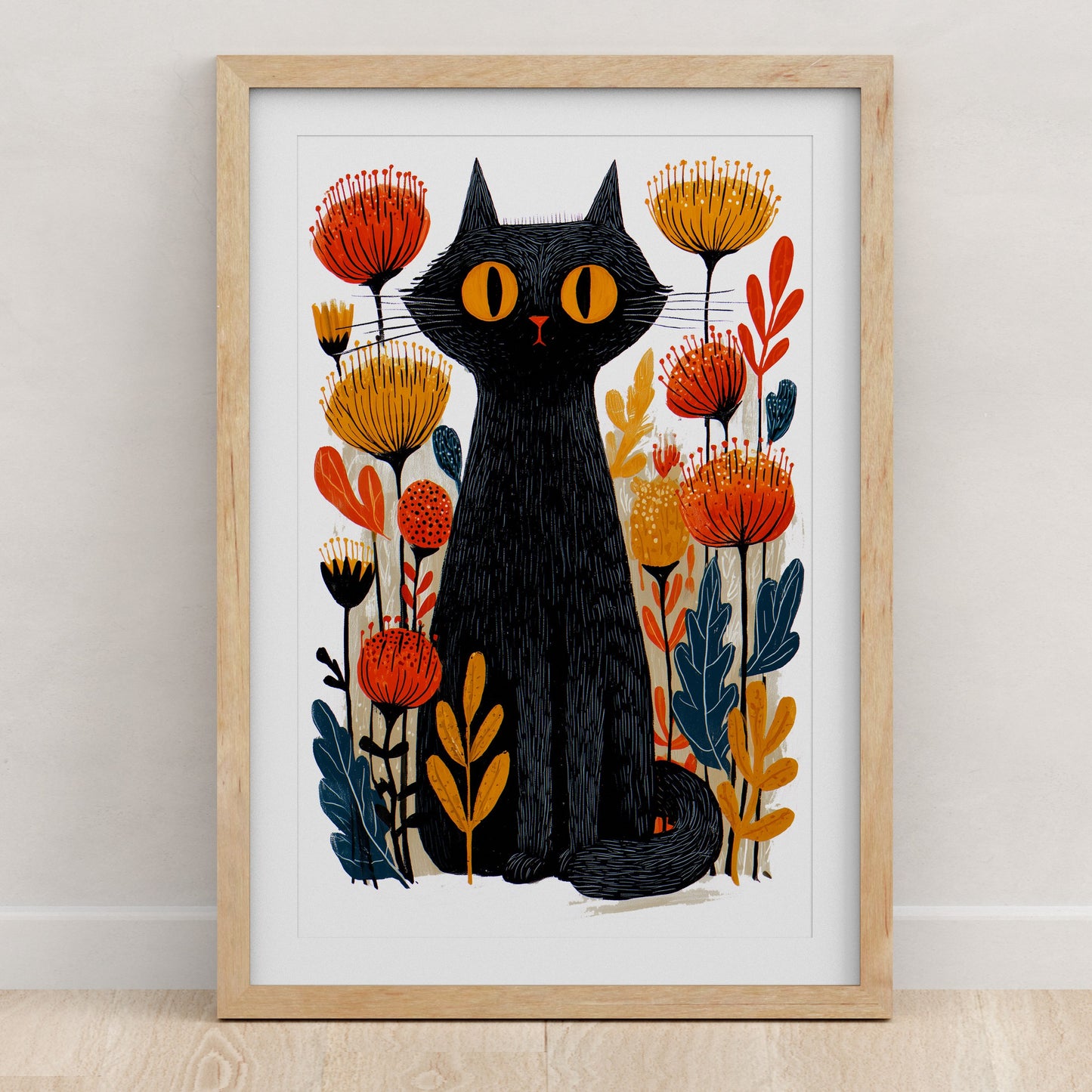 Black Cat Floral Art Print | Folk-Art Wall Decor
