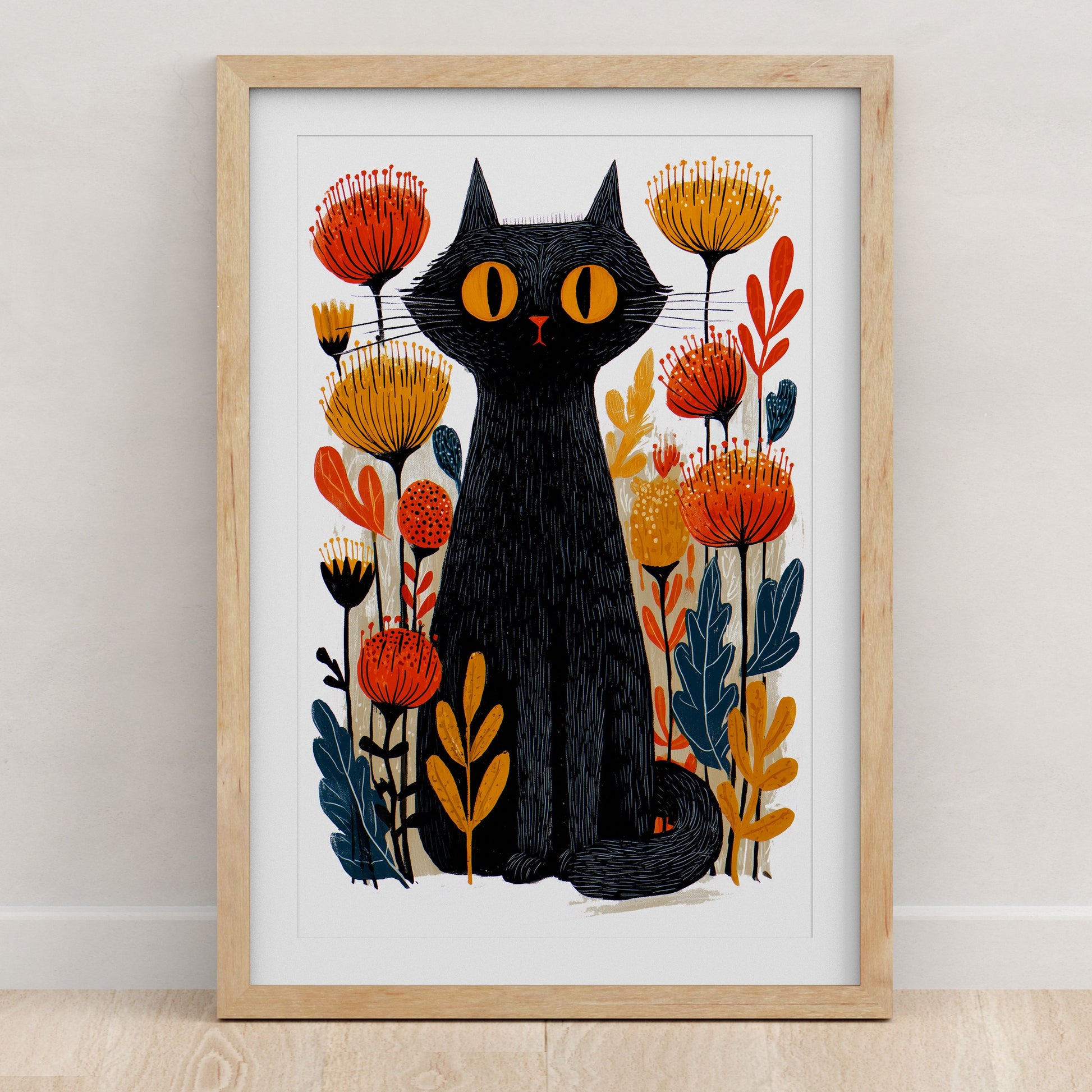 Black Cat Floral Art Print | Folk-Art Wall Decor