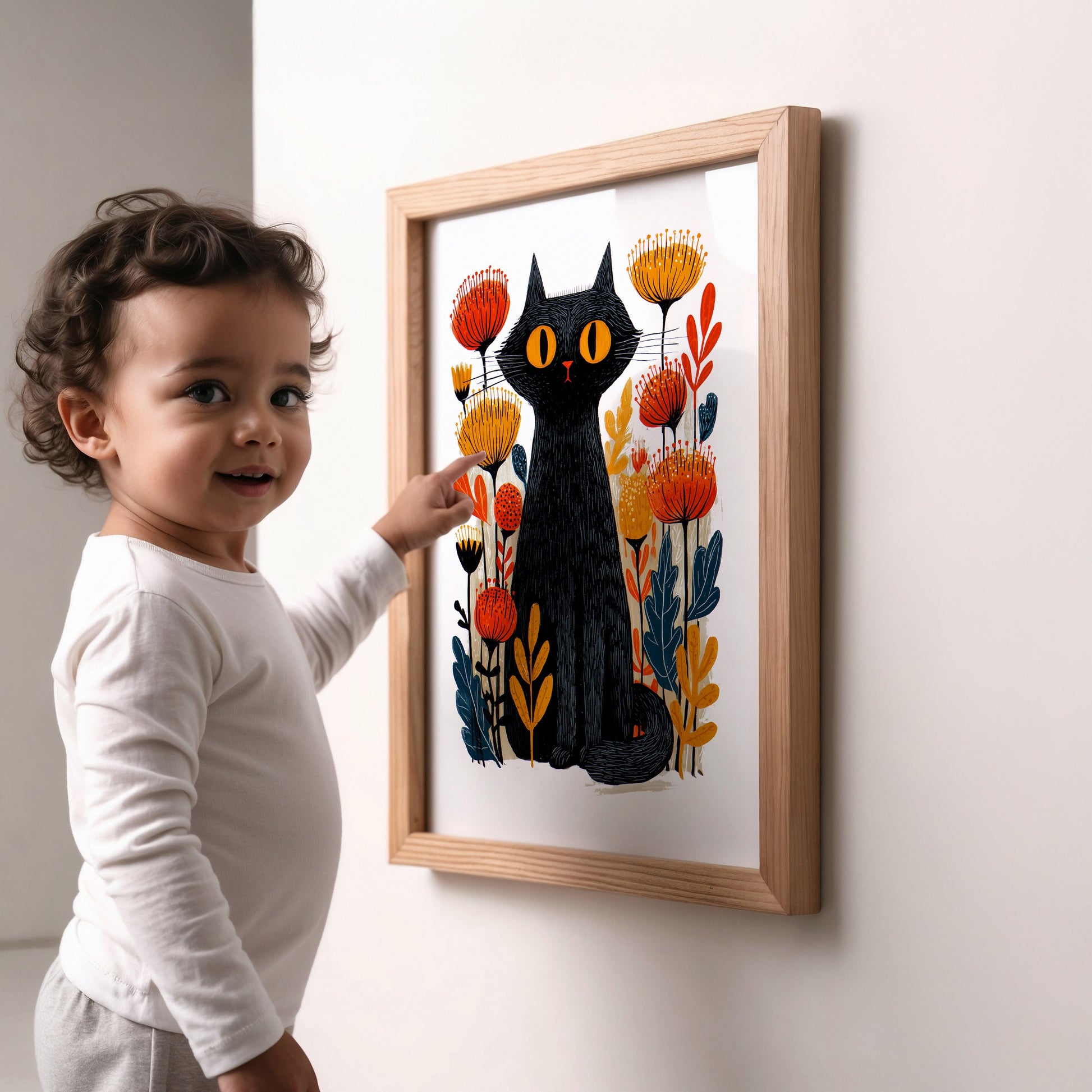 Black Cat Floral Art Print | Folk-Art Wall Decor