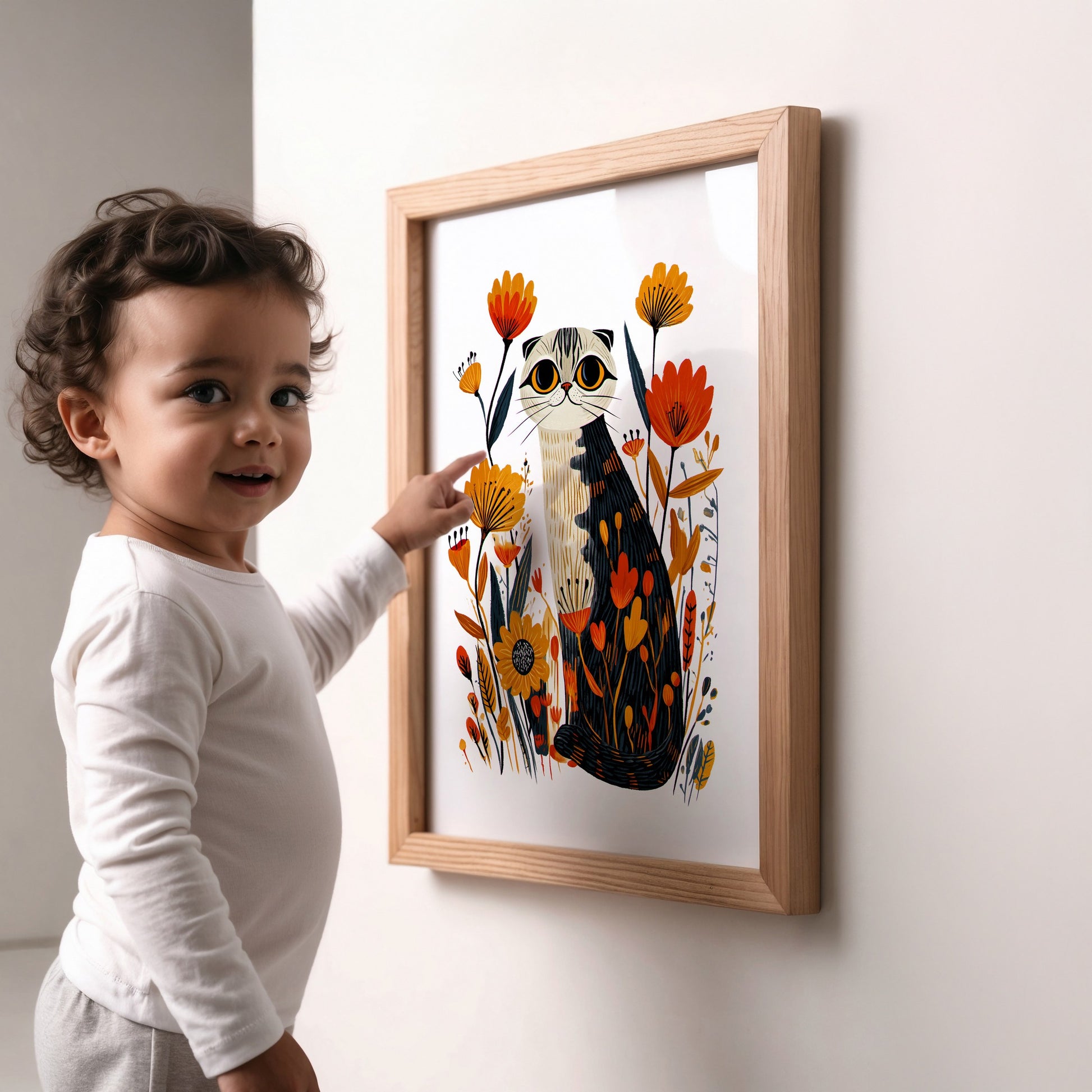 Scottish Fold Cat Floral Art Print | Folk-Art Wall Decor