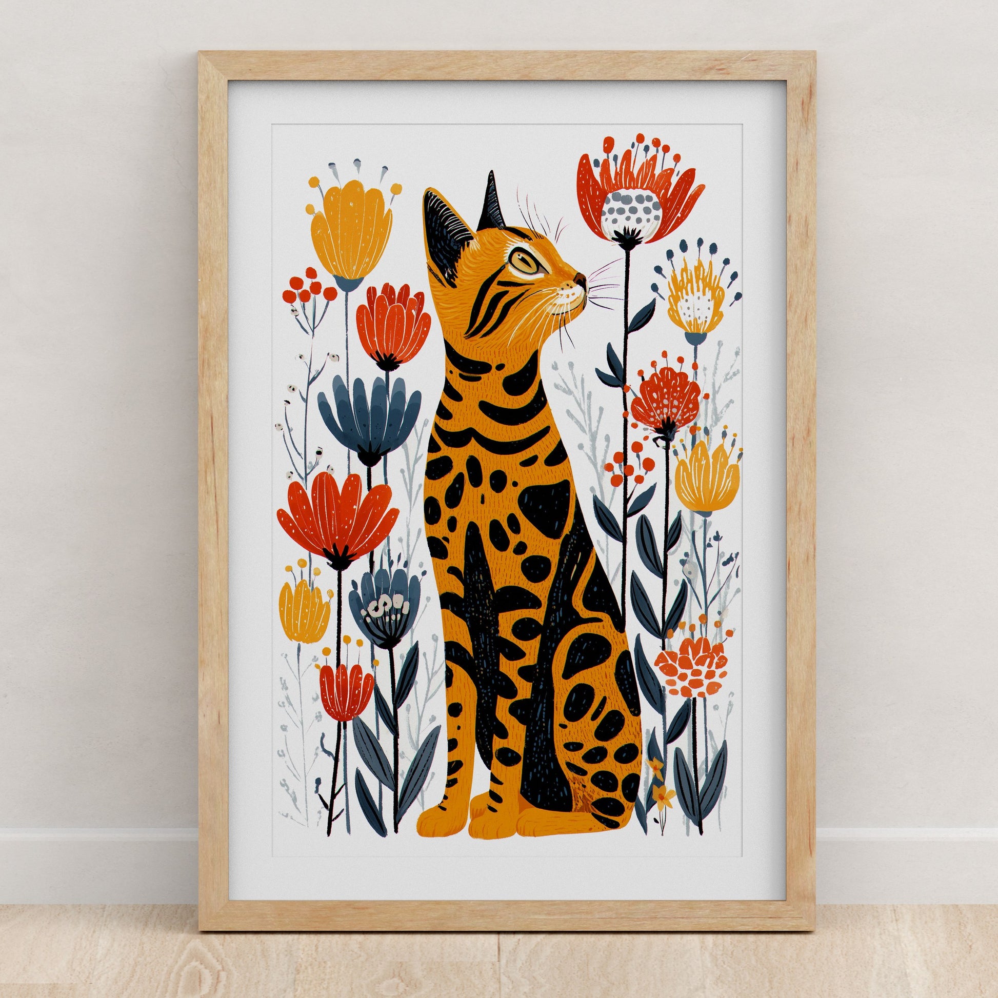 Bengal Cat Floral Art Print | Folk-Art Wall Decor