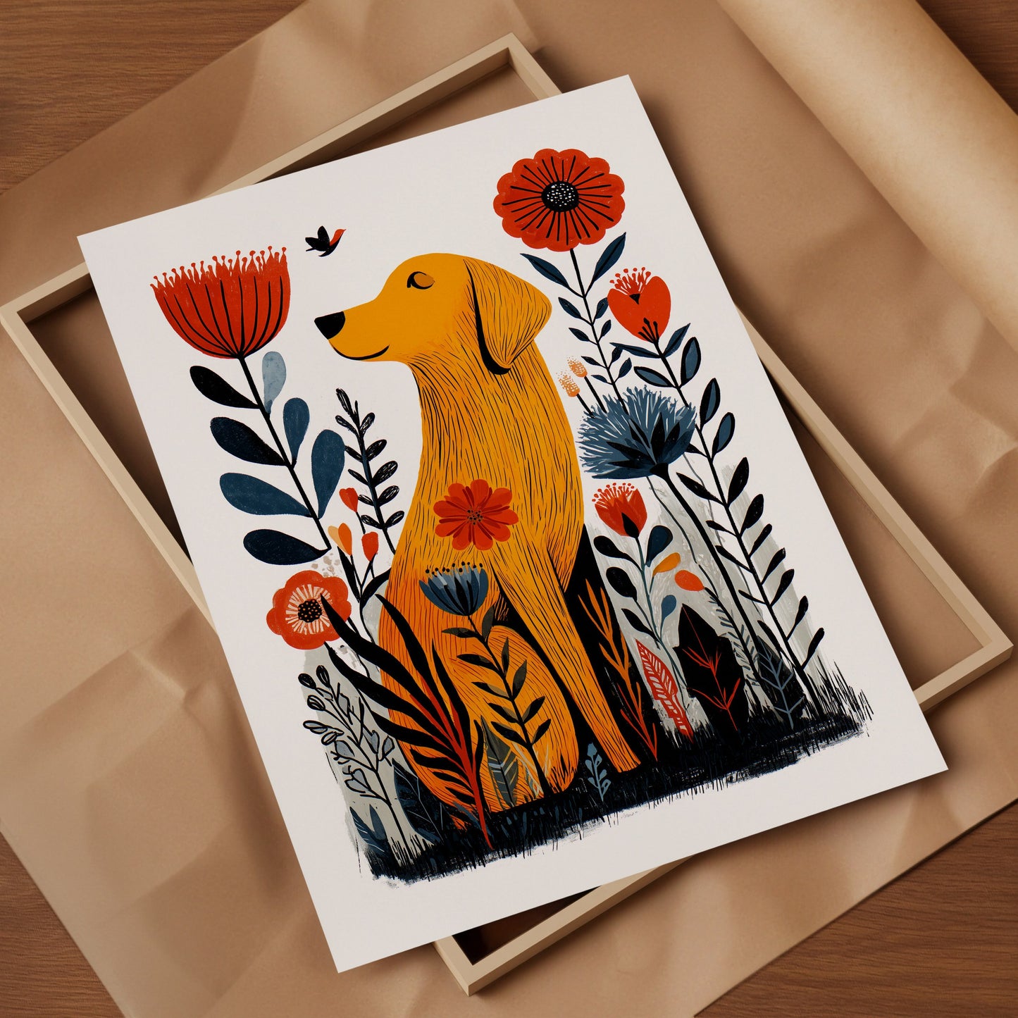 Golden Retriever Floral Art Print | Folk-Art Wall Decor