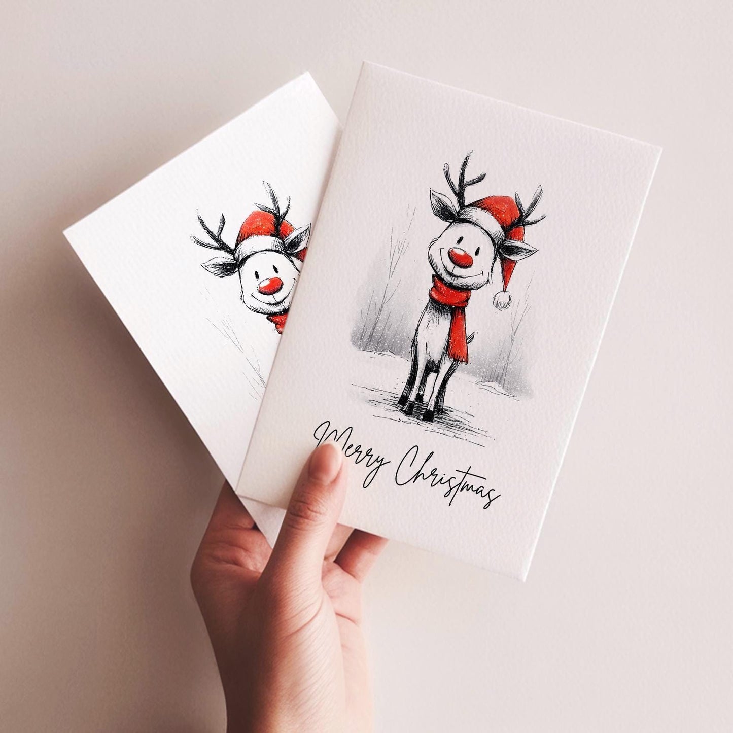 Reindeer Christmas Cards Set of 10 | Cute Holiday Greeting Cards | Merry Christmas Card Pack | Blank Inside Rustic Winter Reindeer Cards