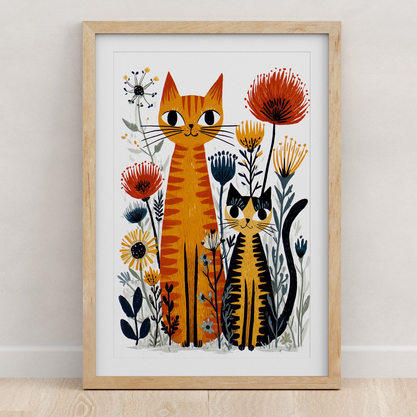 Orange Tabby Cat Floral Art Print | Folk-Art Wall Decor