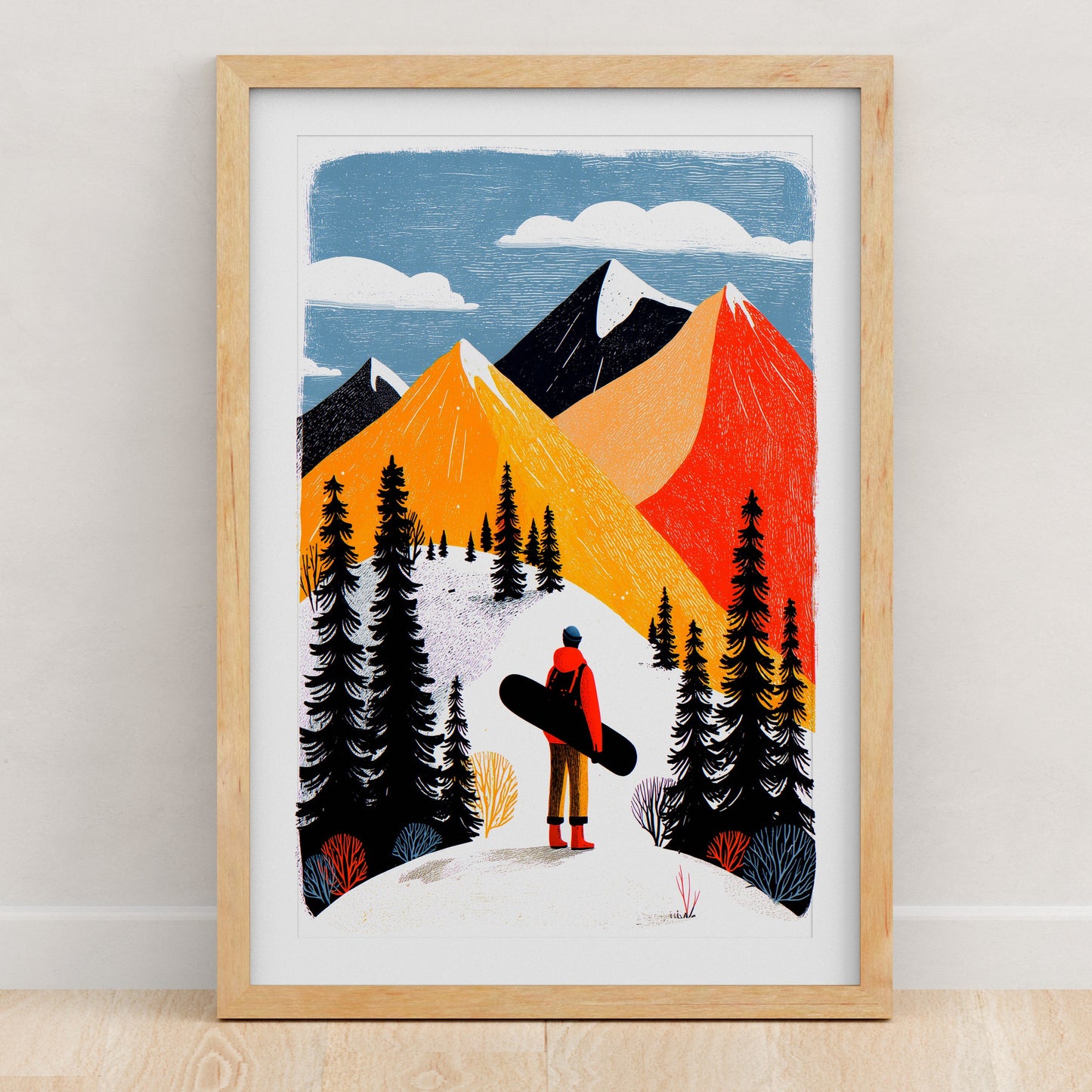 Snowboarding Art Print | Folk-Art Wall Decor