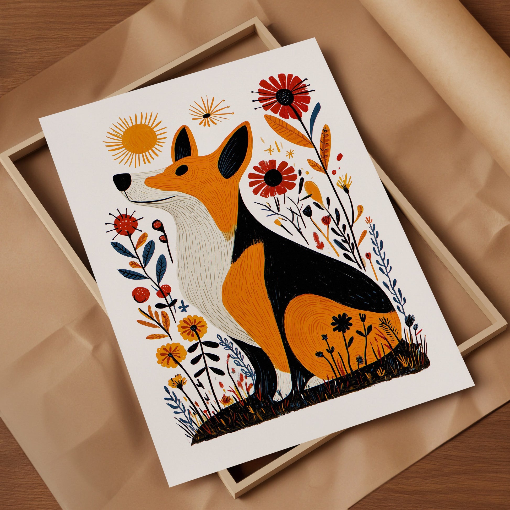 Corgi Floral Art Print | Folk-Art Wall Decor