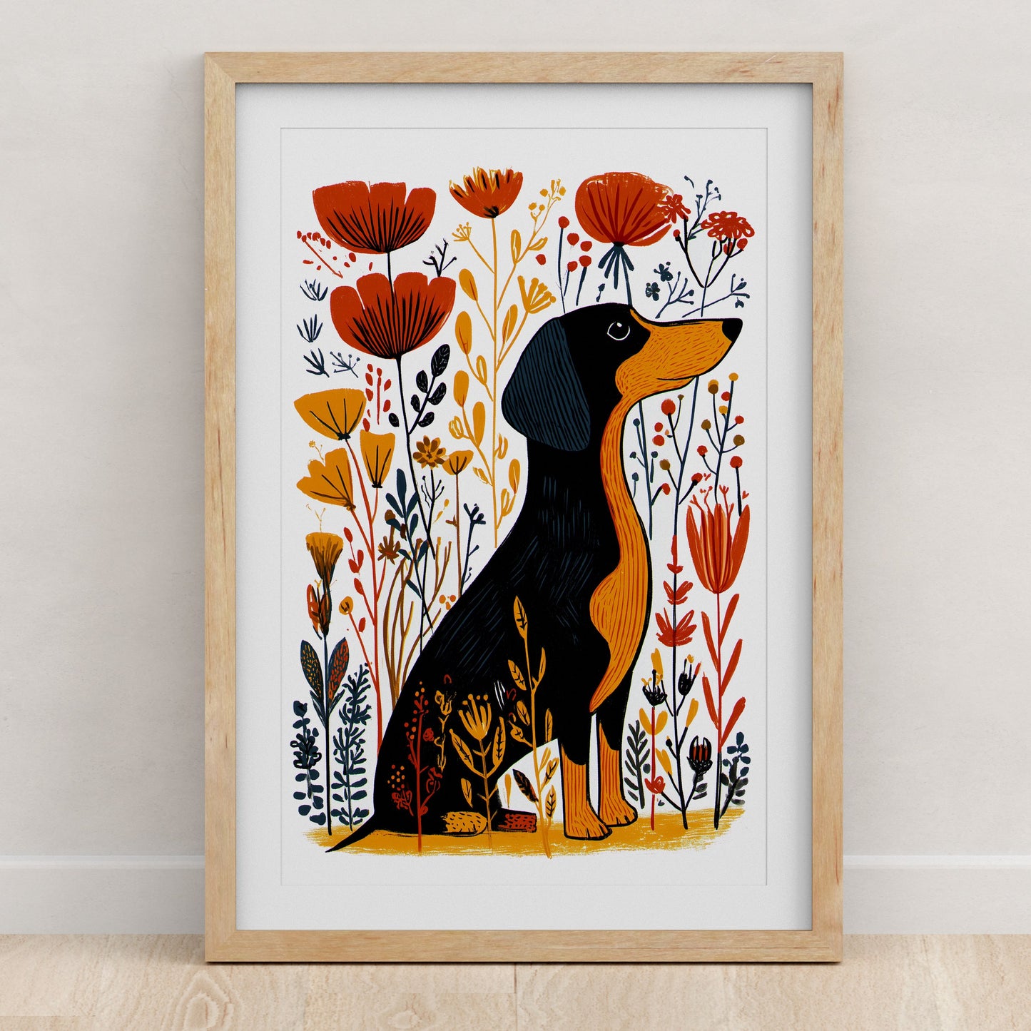 Dachshund Floral Art Print | Folk-Art Wall Decor