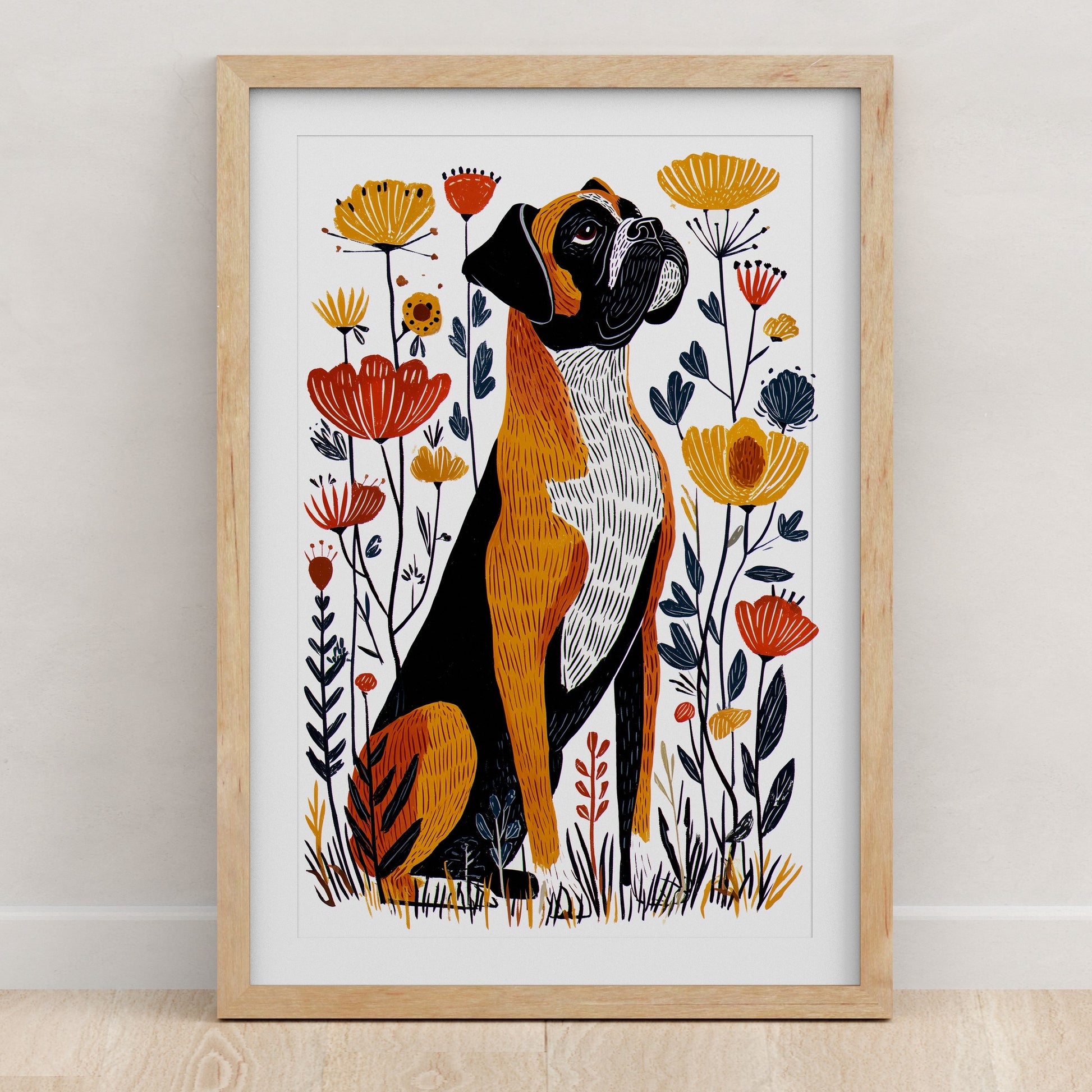 Boxer Floral Art Print | Folk-Art Wall Decor