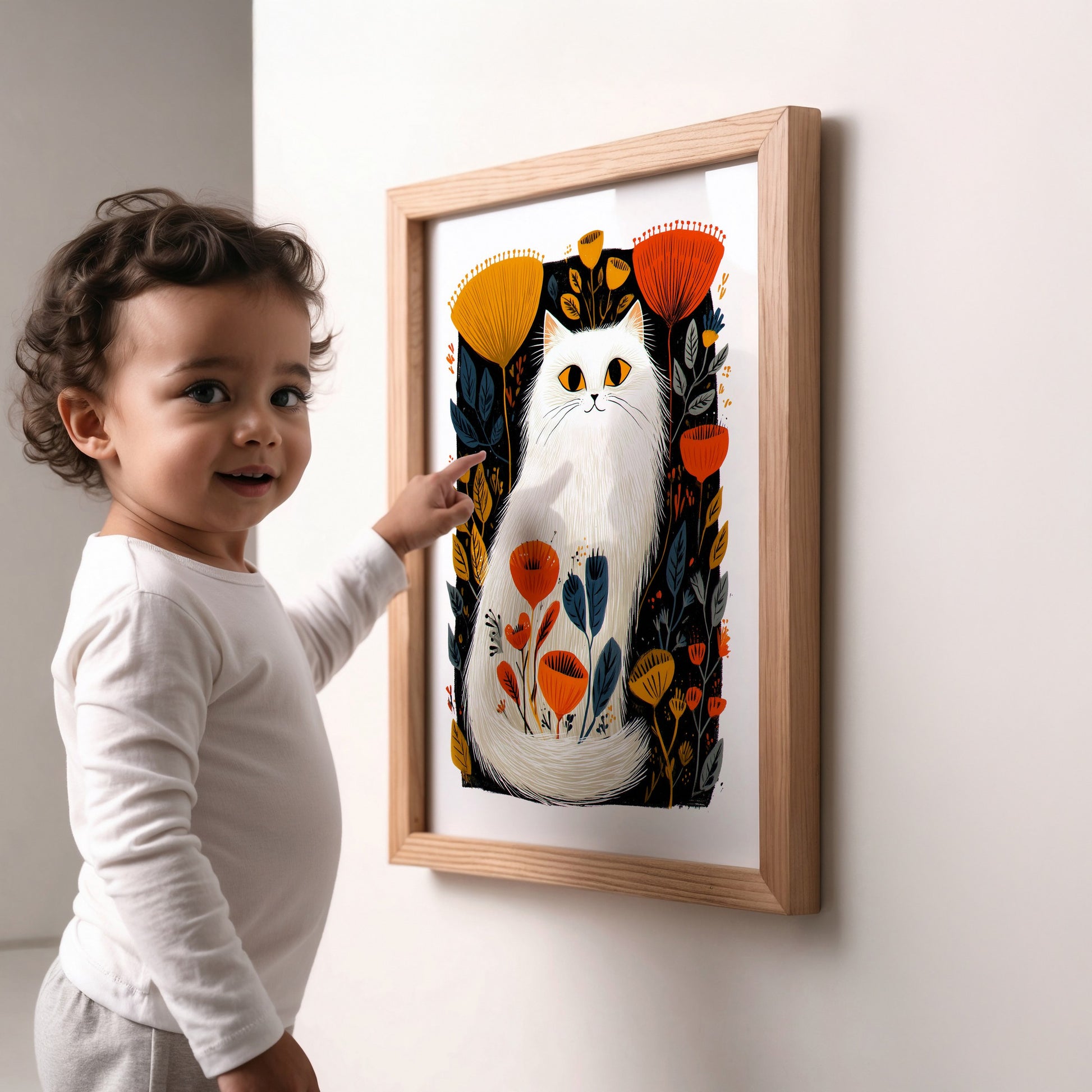 White Cat Floral Art Print | Folk-Art Wall Decor