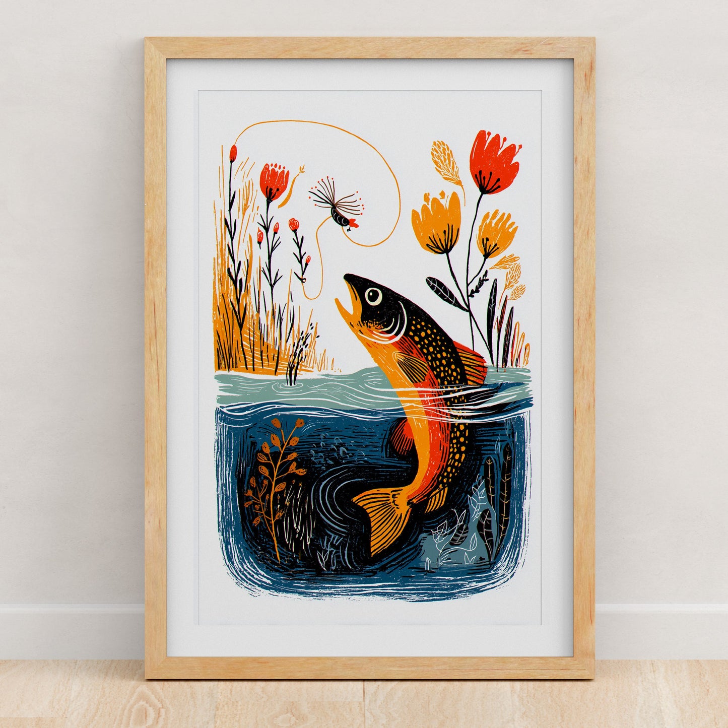Fly Fishing Art Print | Folk-Art Wall Decor
