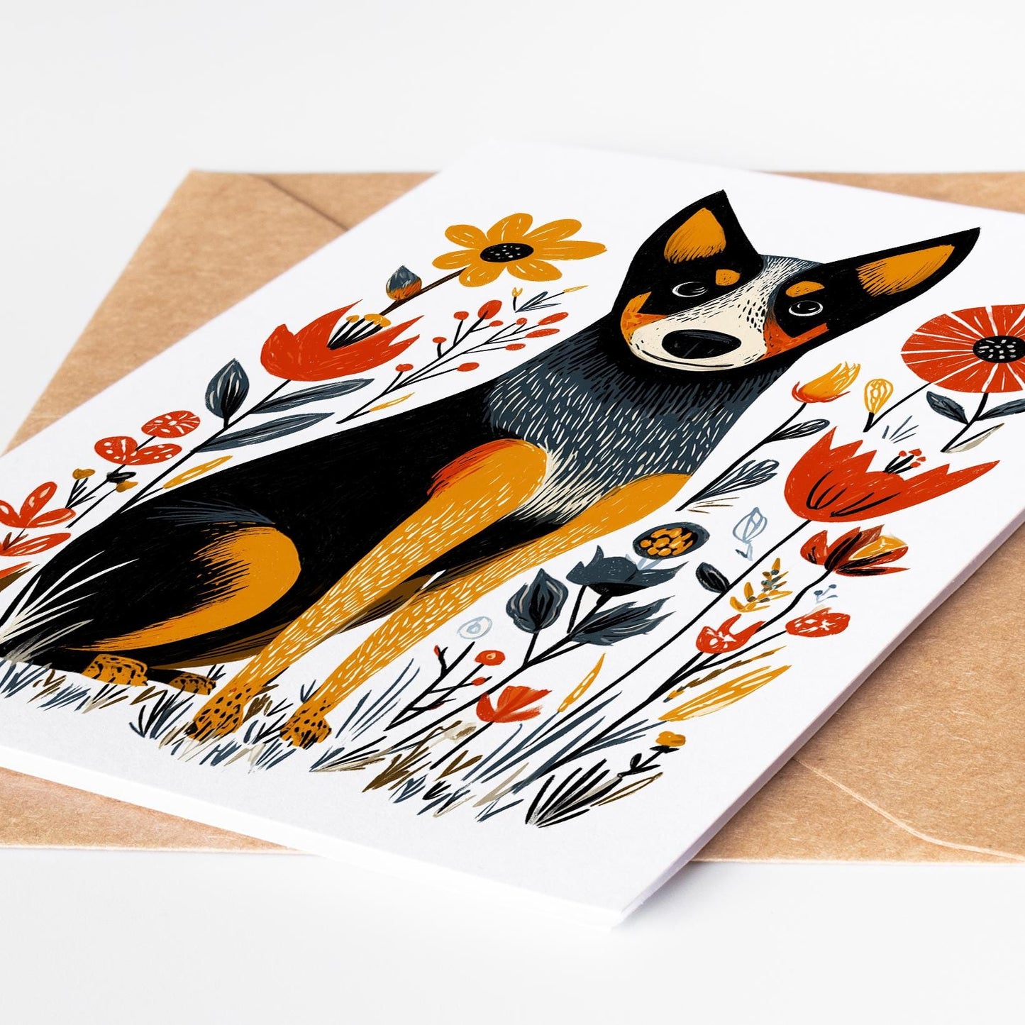 Australian Cattle Dog Greeting Cards Set of 10 | Blue Heeler Folk Art Note Cards | Cute Dog Lover Gift | Blank Inside Birthday Stationery
