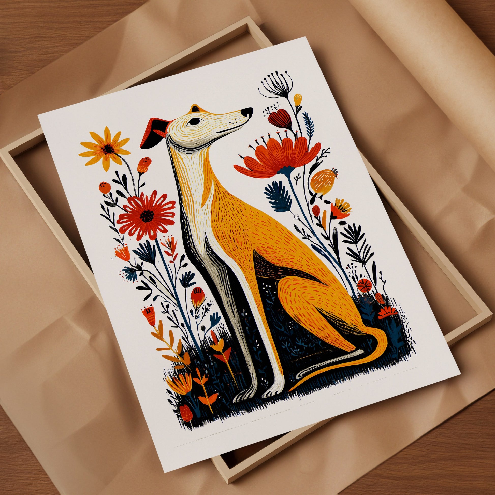 Whippet Floral Art Print | Folk-Art Wall Decor