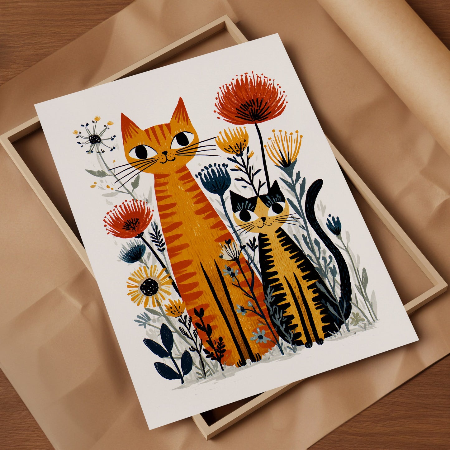 Orange Tabby Cat Floral Art Print | Folk-Art Wall Decor