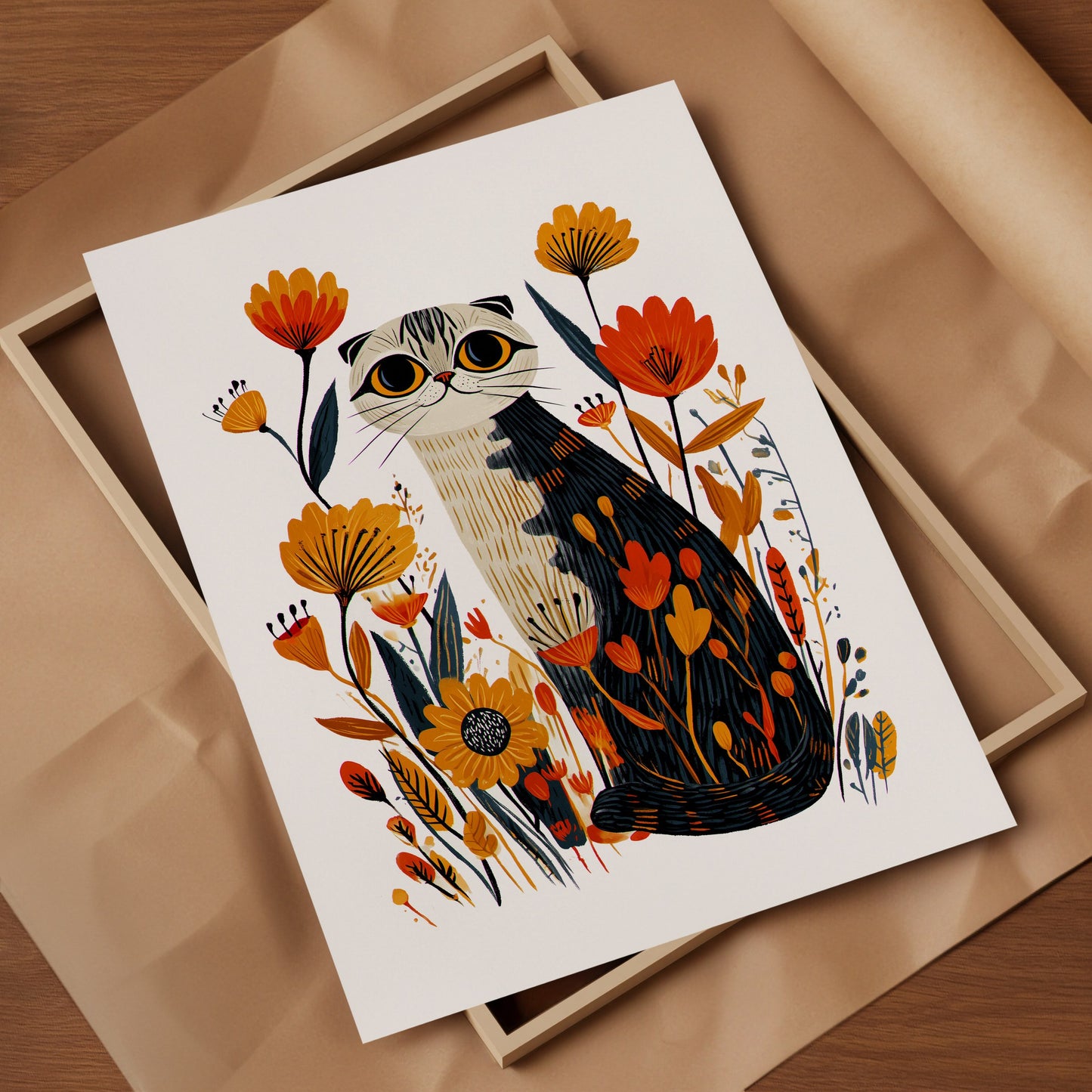 Scottish Fold Cat Floral Art Print | Folk-Art Wall Decor