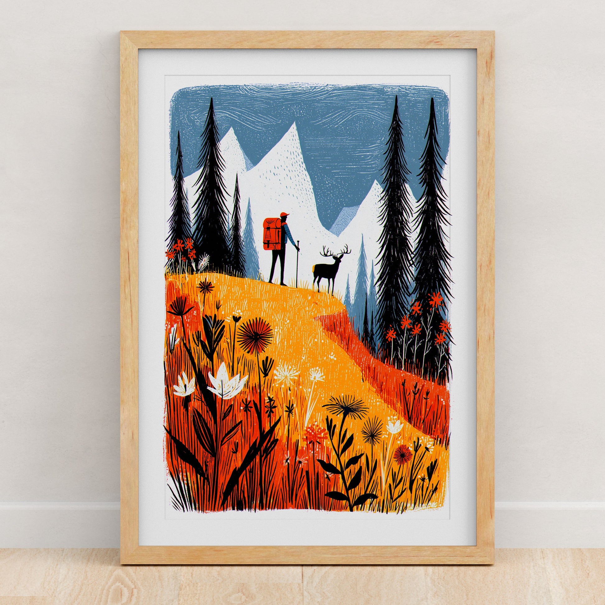 Hiking Art Print | Folk-Art Wall Decor
