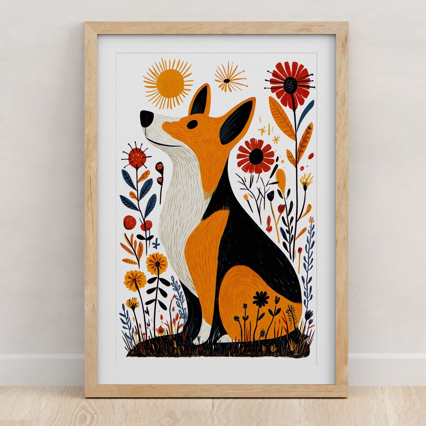 Corgi Floral Art Print | Folk-Art Wall Decor