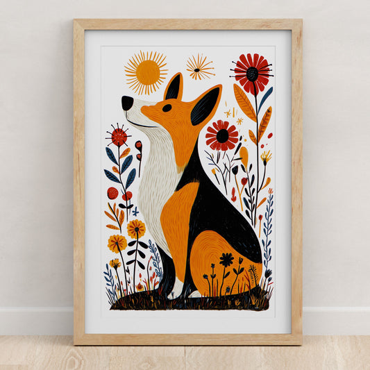 Corgi Floral Art Print | Folk-Art Wall Decor