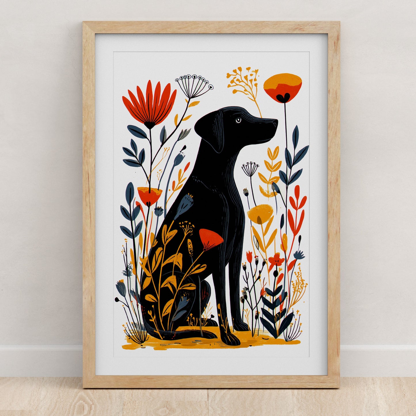 Black Lab Floral Art Print | Folk-Art Wall Decor