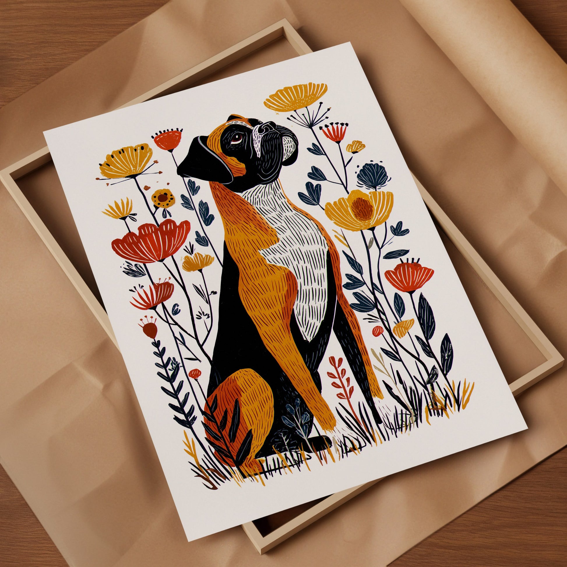 Boxer Floral Art Print | Folk-Art Wall Decor