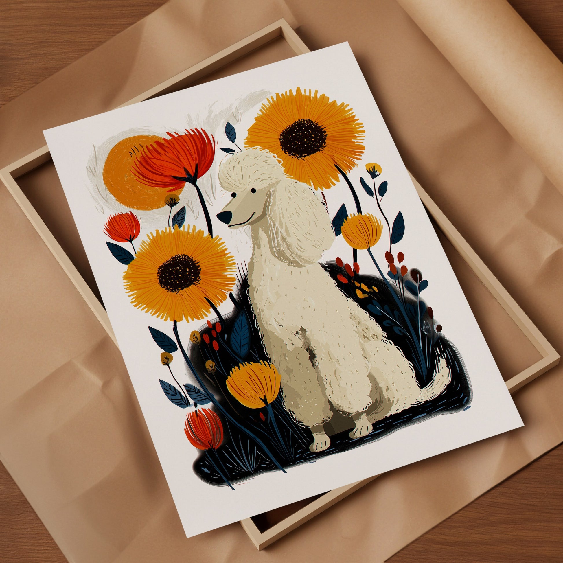 White Poodle Floral Art Print | Folk-Art Wall Decor