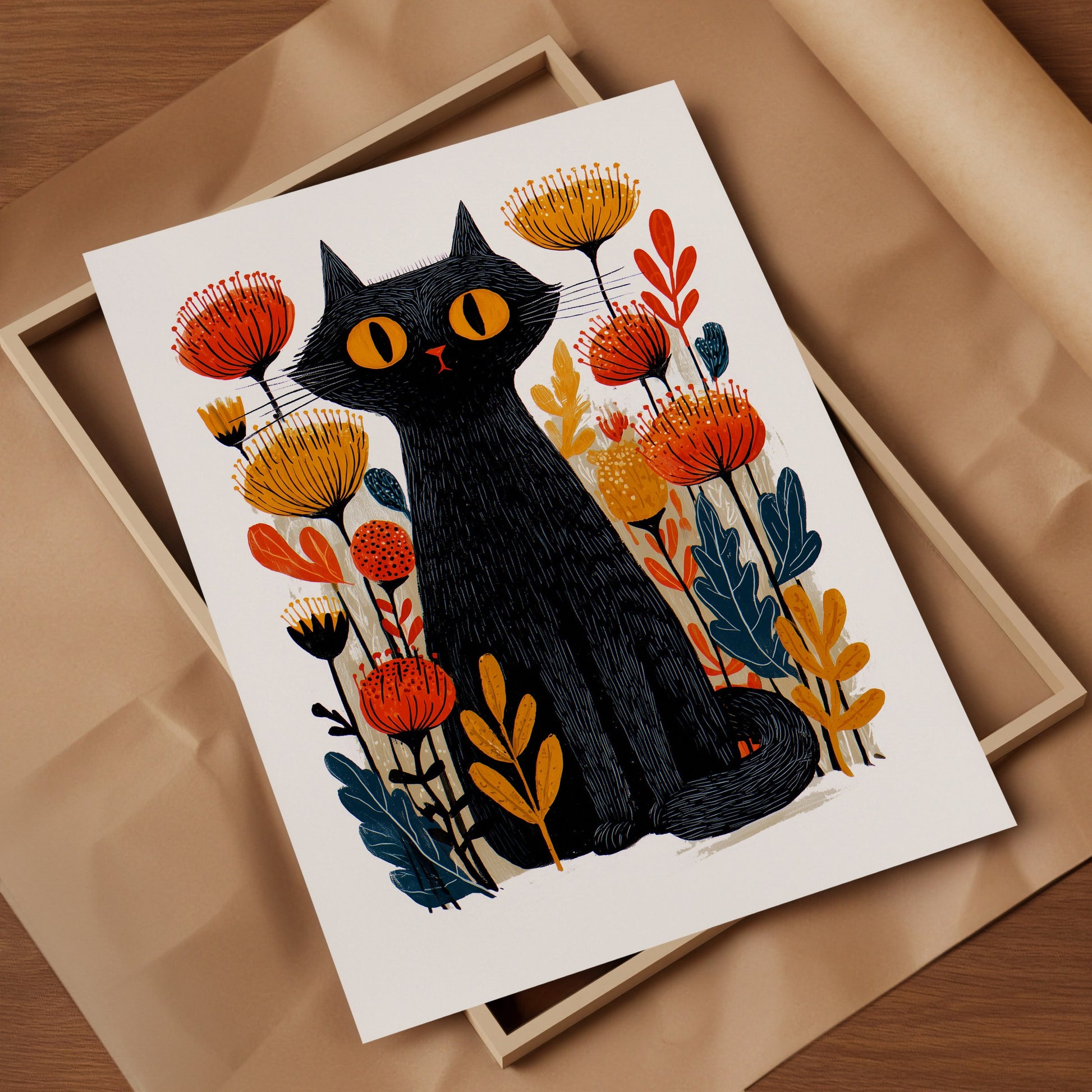 Black Cat Floral Art Print | Folk-Art Wall Decor
