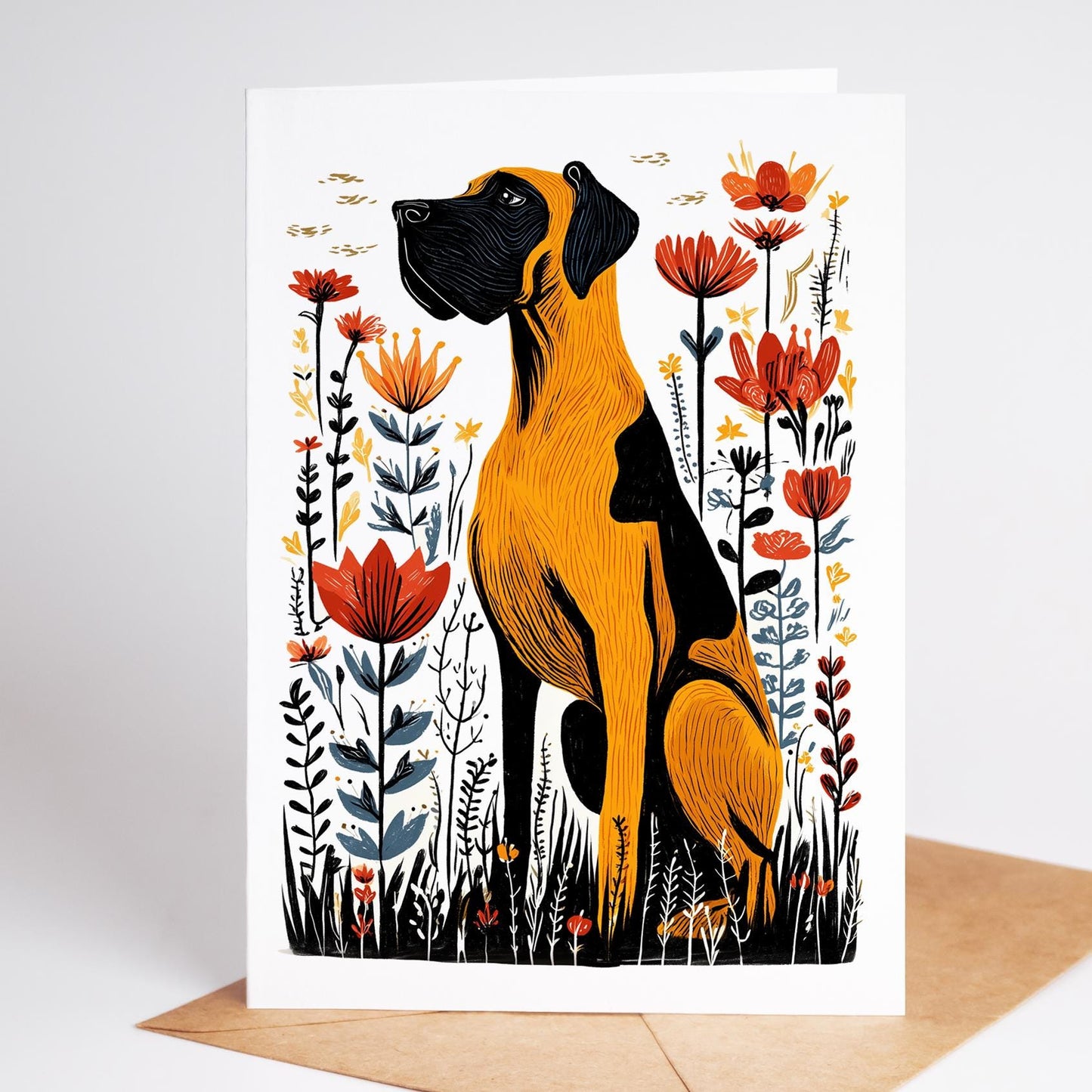 Great Dane Greeting Cards Set of 10 | Block Print Dog Note Cards 4.25x5.5 | Blank Birthday Card | Dog Lover Gift | Gentle Giant Stationery
