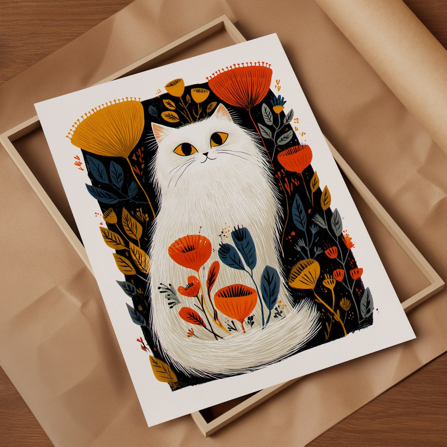 White Cat Floral Art Print | Folk-Art Wall Decor