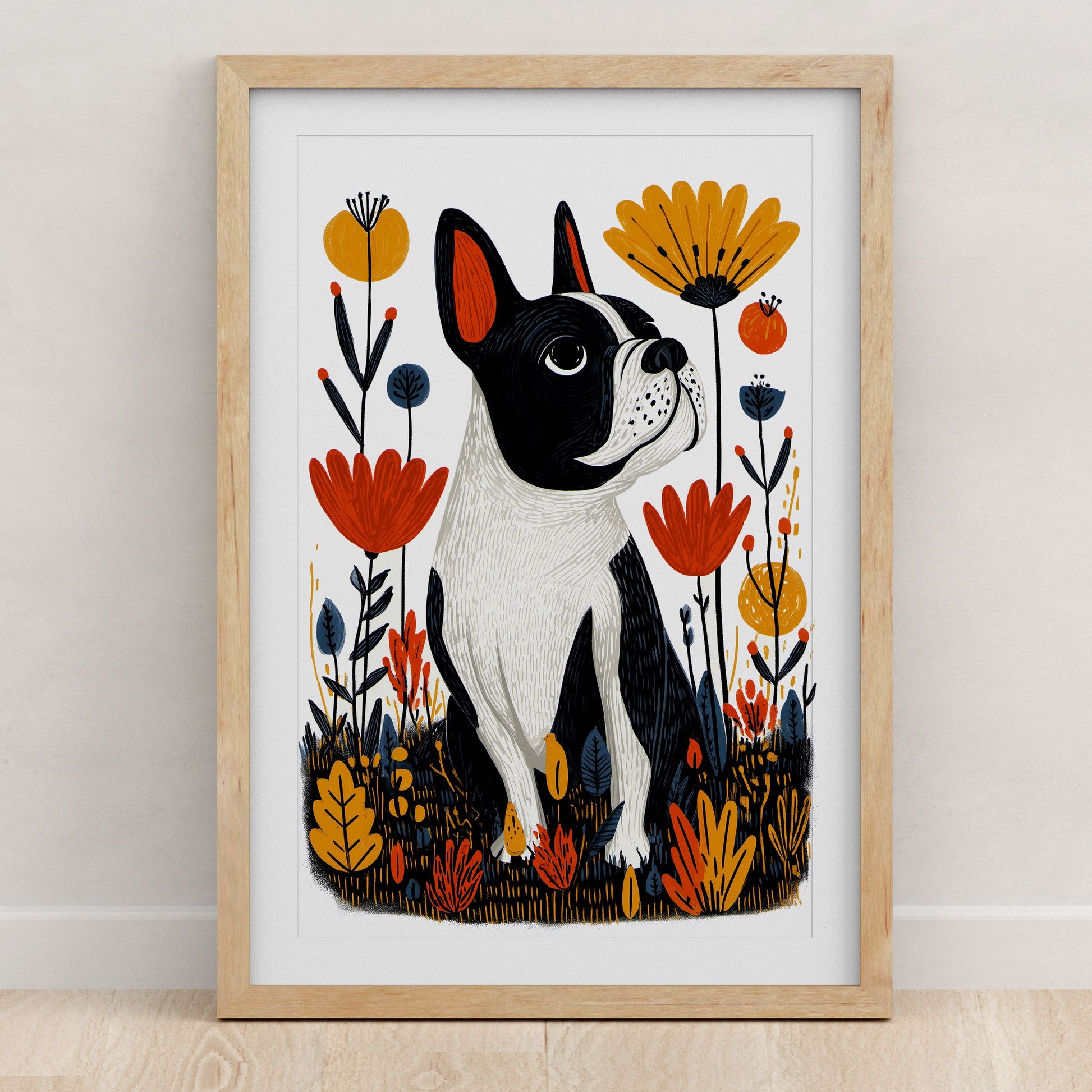 French Bulldog Floral Art Print | Folk-Art Wall Decor