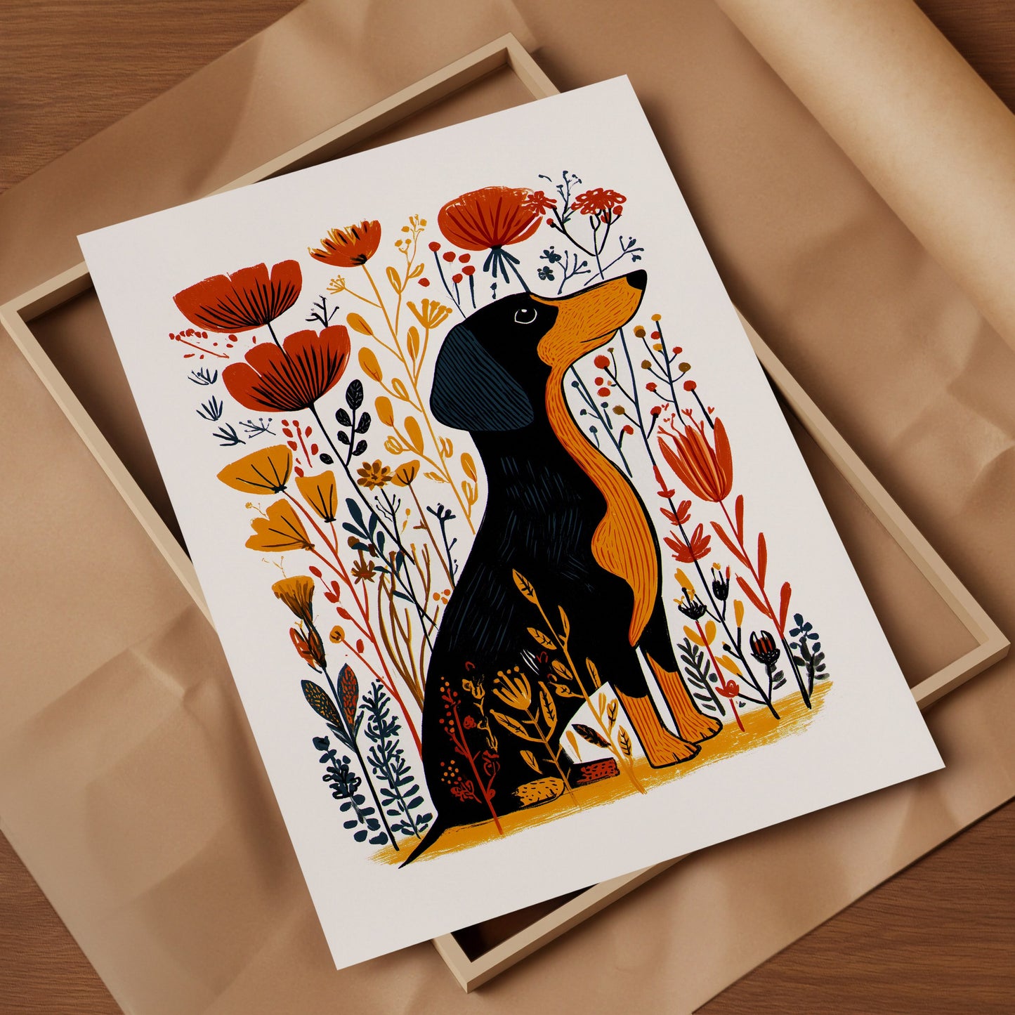 Dachshund Floral Art Print | Folk-Art Wall Decor