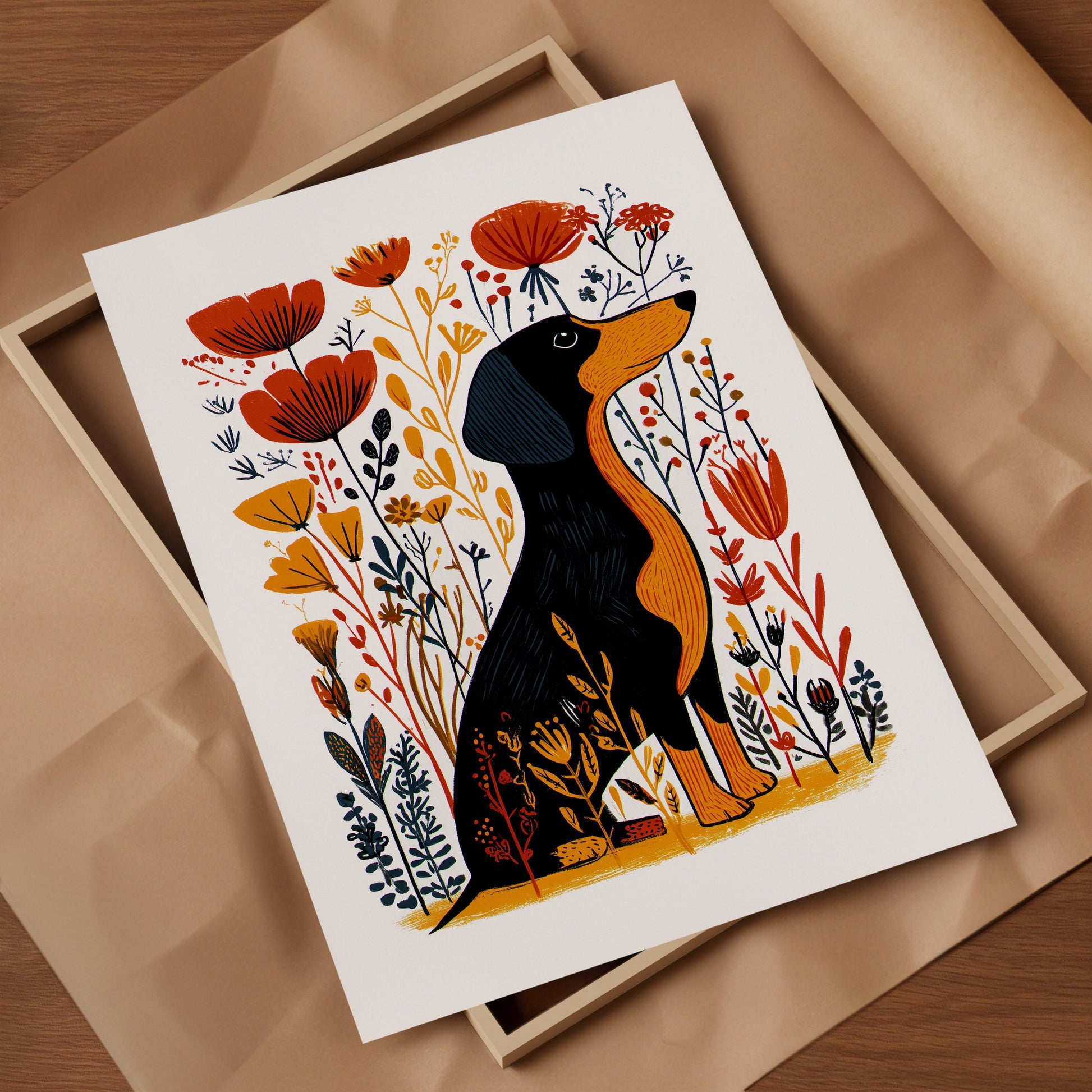 Dachshund Floral Art Print | Folk-Art Wall Decor